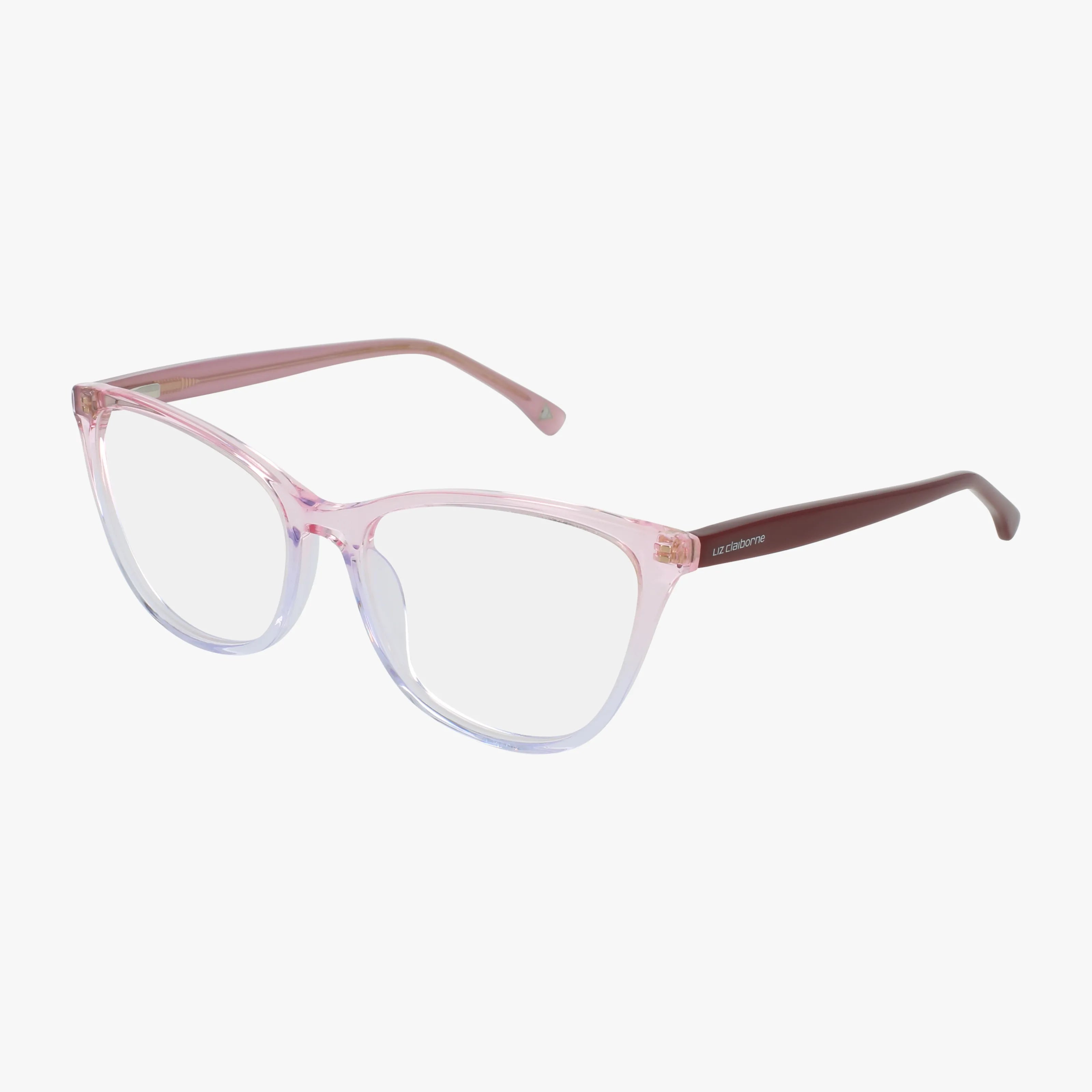 The Liz Claiborne L690 eyeglasses feature transparent pink frames and deeper pink arms, offering a modern update to a classic look, shown on a white background.