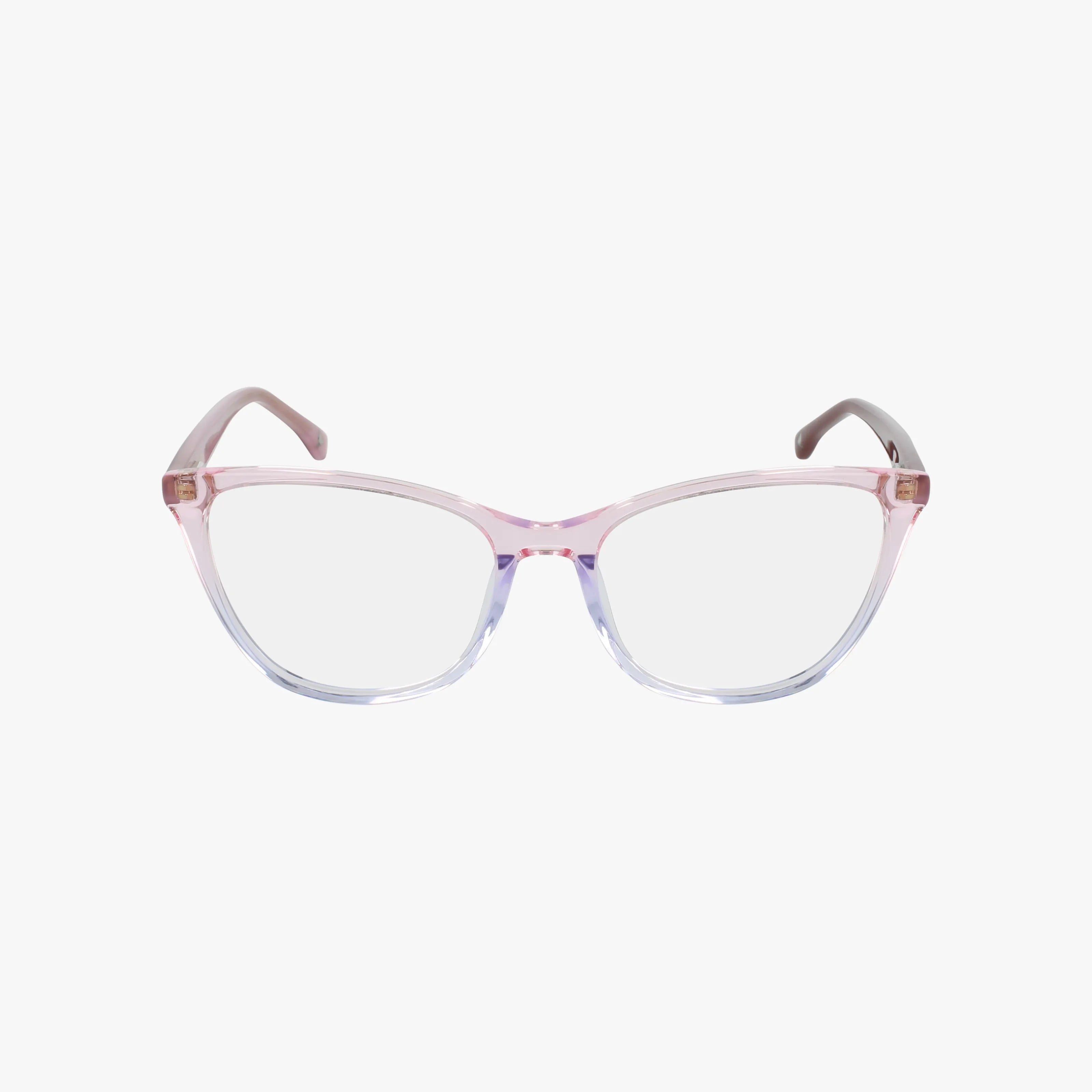 The Liz Claiborne L690 eyeglasses feature a transparent pink and purple gradient, cat-eye frame with clear lenses and a slightly rounded shape for a distinctive look, shown isolated on a white background.