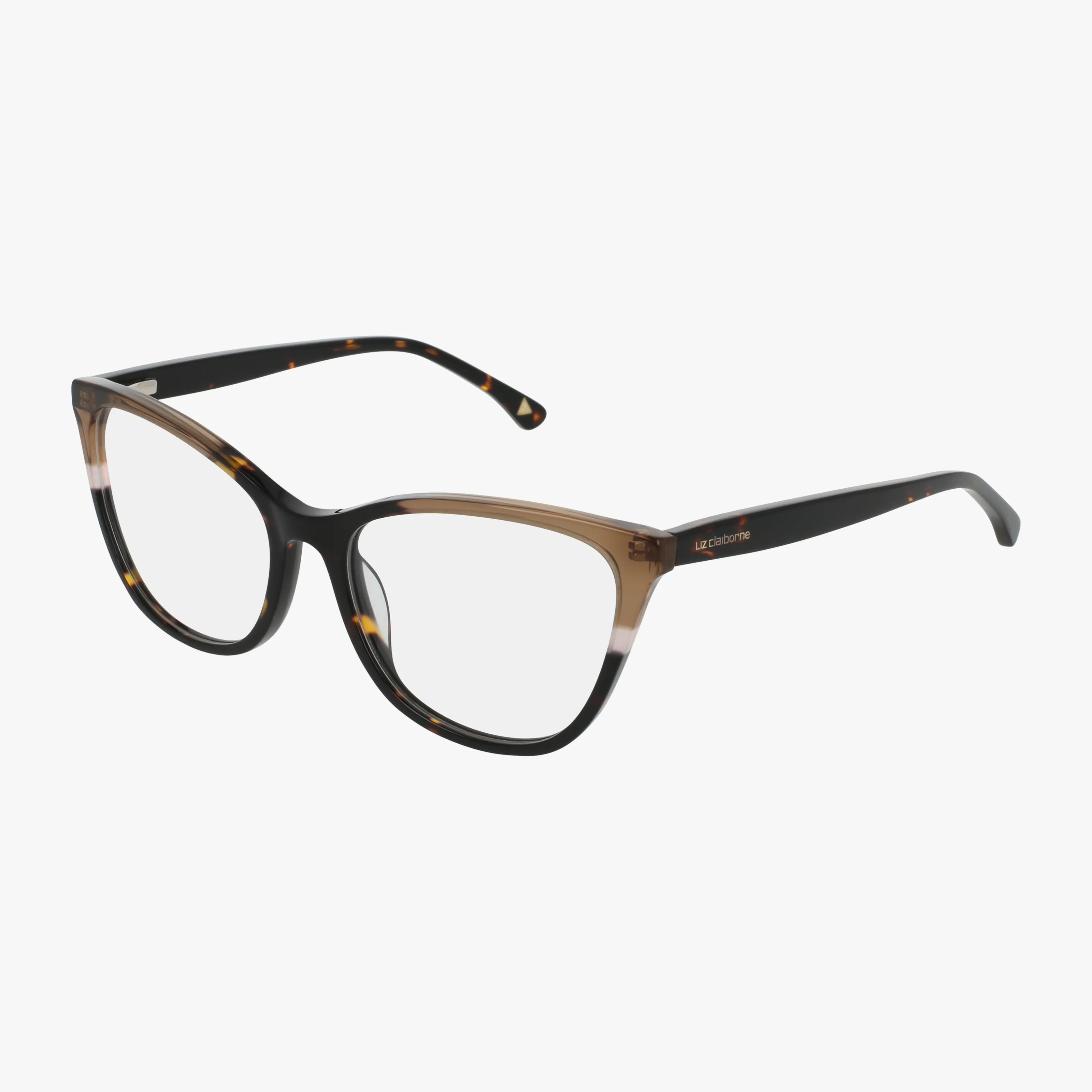 The Liz Claiborne L690 eyeglasses feature large rounded rectangular frames with a light brown to black gradient front, tortoiseshell arms, and clear lenses for a modern, distinctive look.