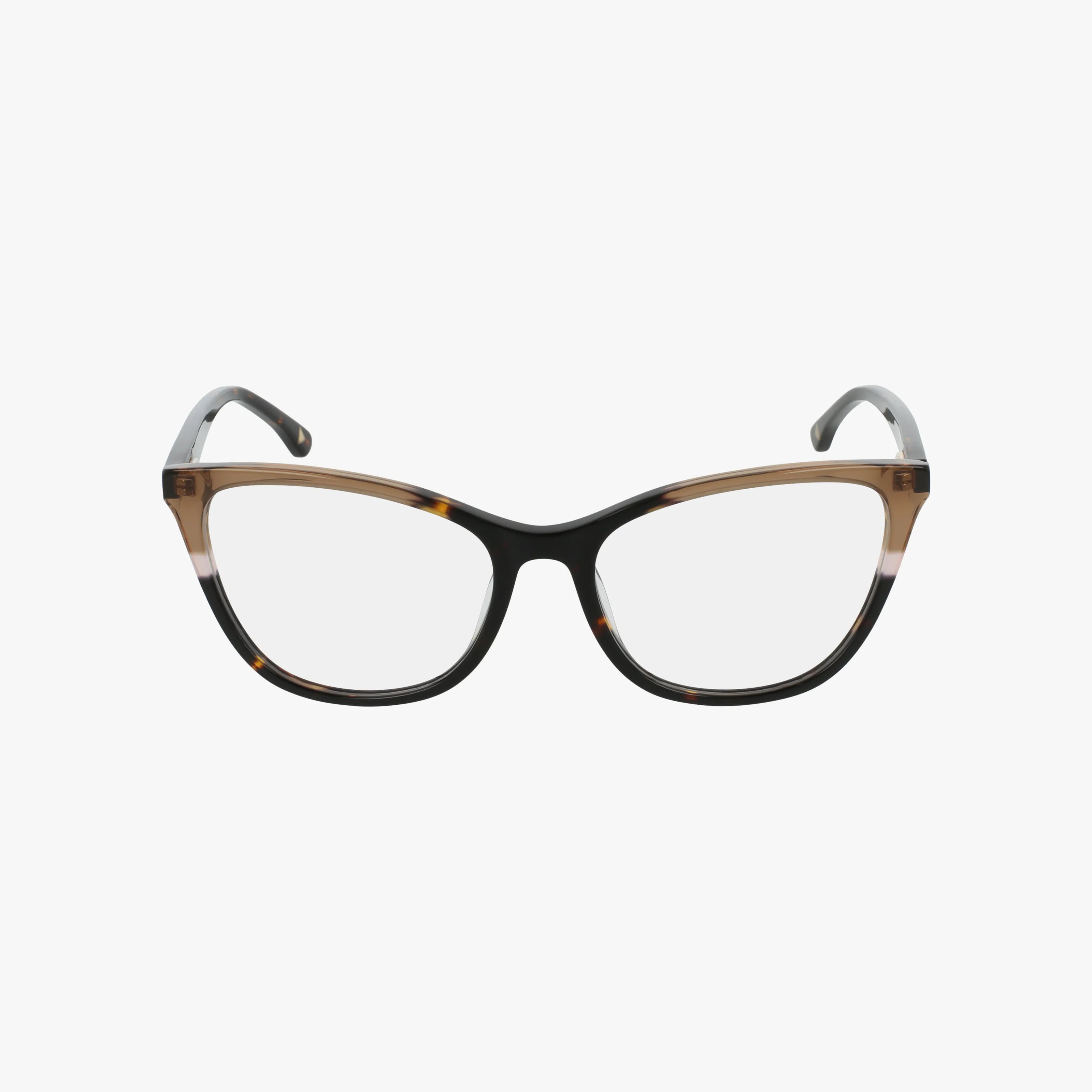 Liz Claiborne's L690 cat-eye eyeglasses feature a gradient brown and black tailored frame, clear lenses, and slightly curved arms, shown on a white background for a distinctive style.