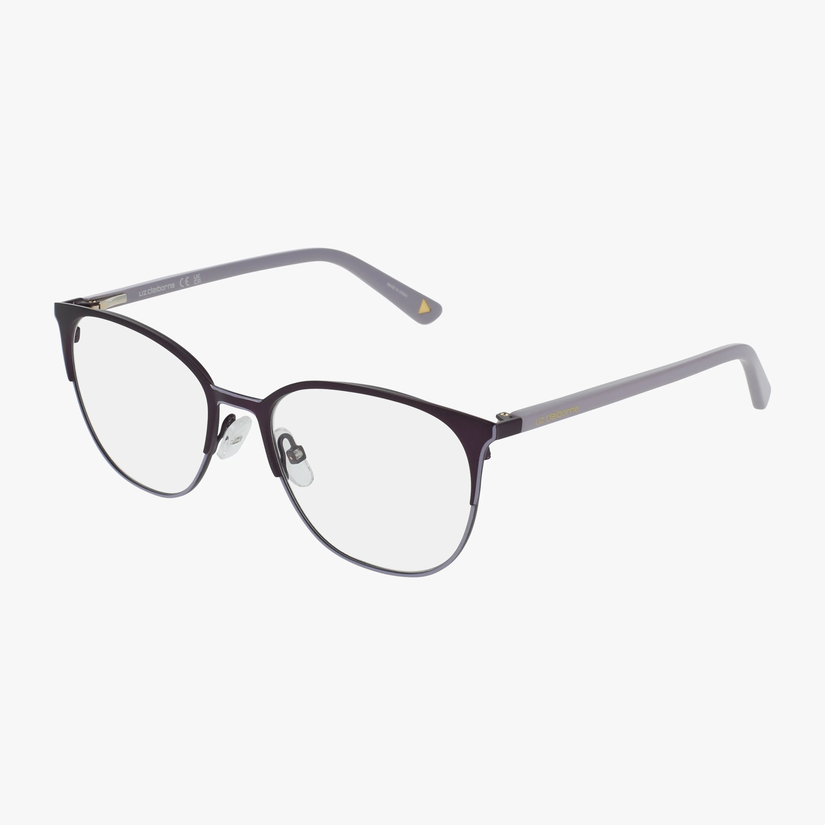 The Liz Claiborne L482 features thin, purple matte metal frames with clear lenses, adjustable nose pads, and straight temple arms, displayed on a white background.