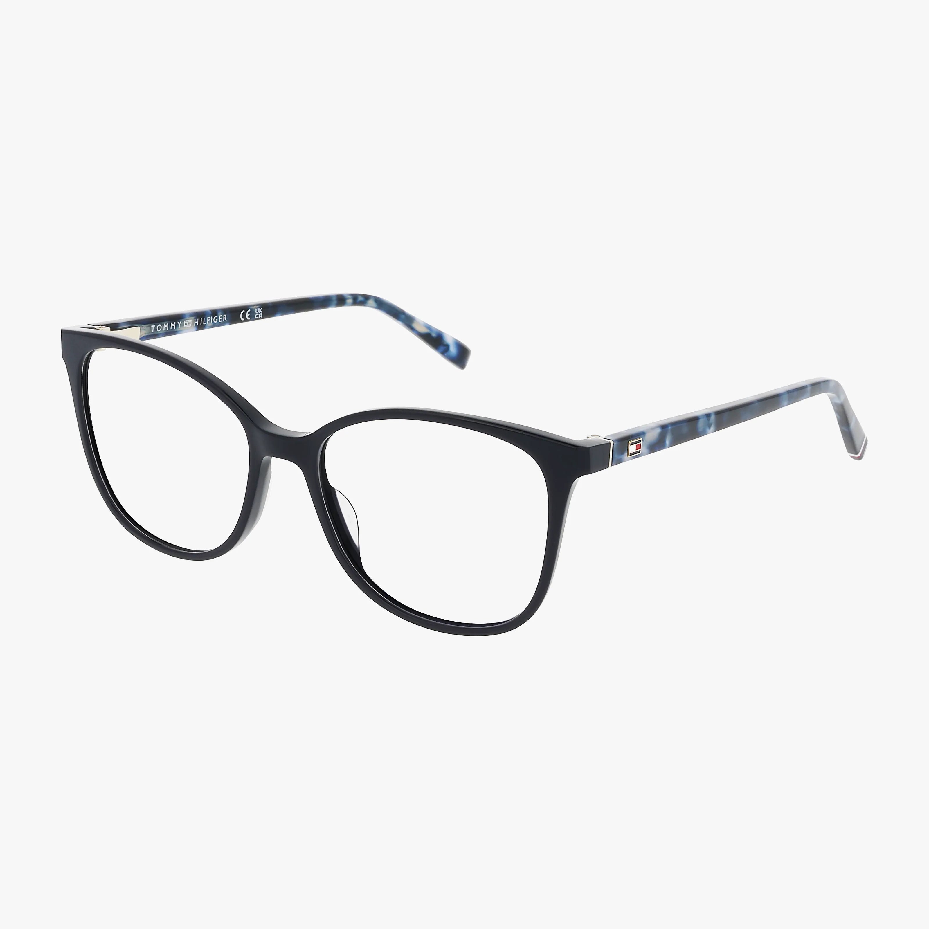 The Tommy Hilfiger TH2294/C w/clip features blue polished rectangular frames with thick construction and marbled arms, displayed angled on a white background for added style.