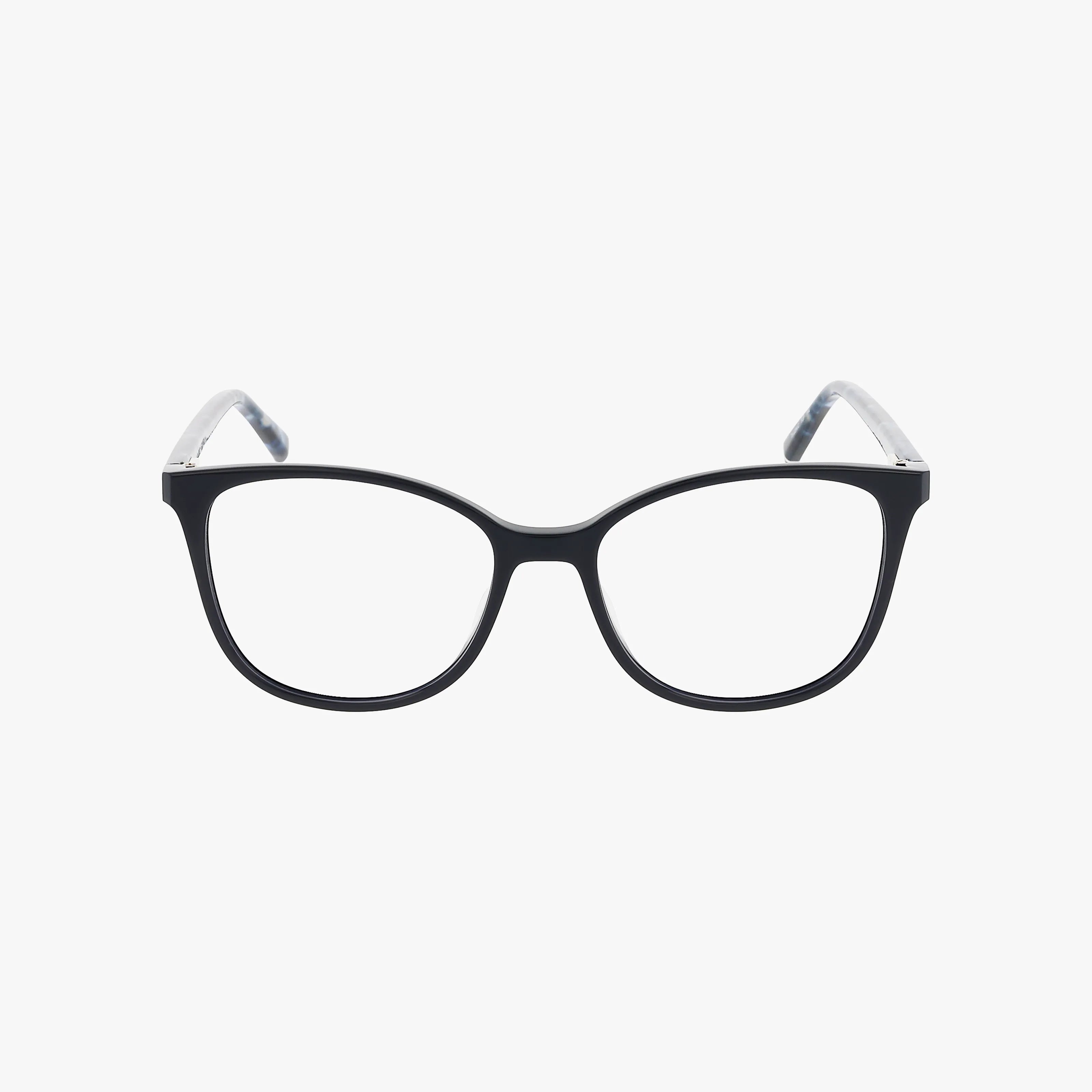 The Tommy Hilfiger TH2294/C w/clip features black, full-rim eyeglasses with clear lenses and a polished frame, styled in subtly curved rectangles, displayed against a plain white background.