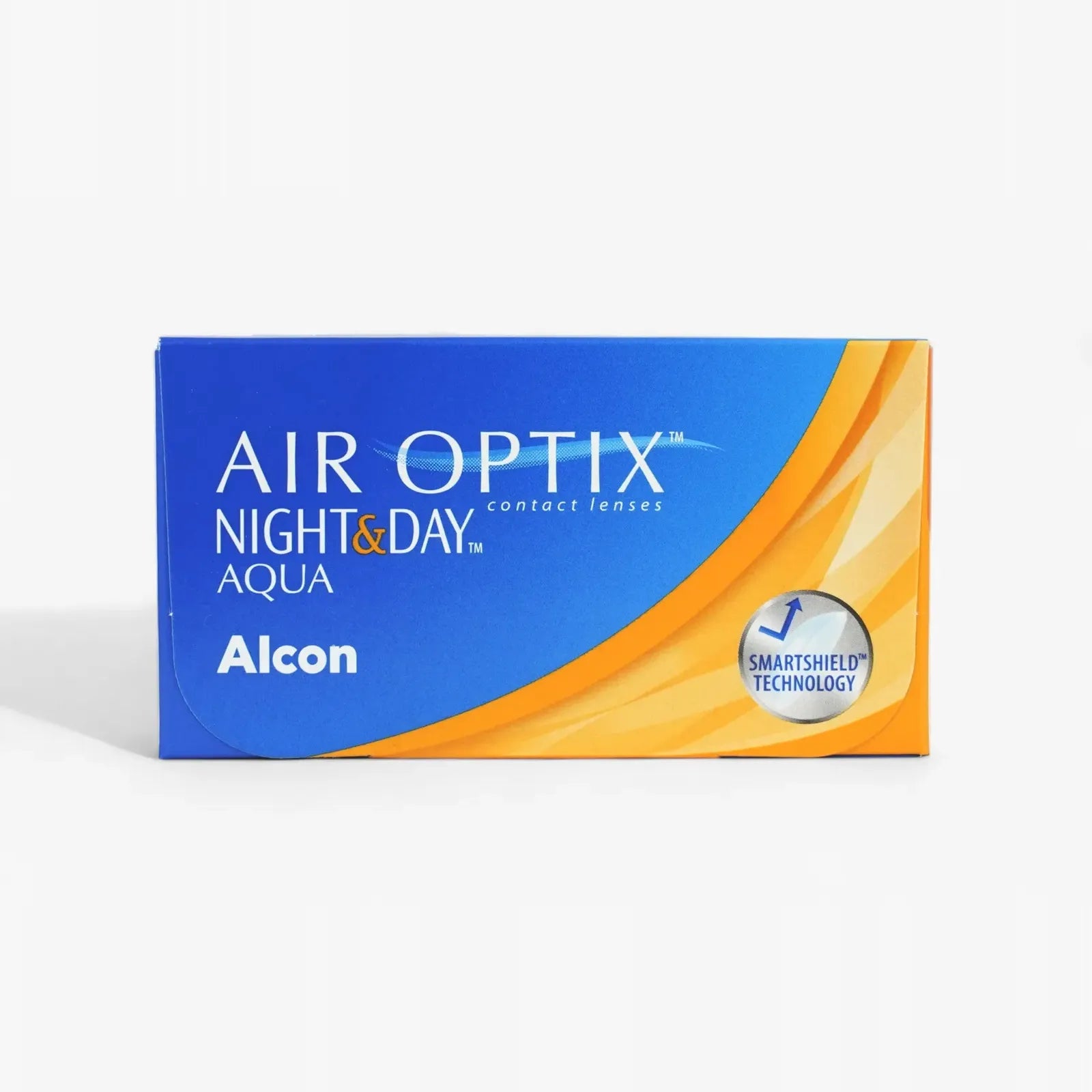 A blue and orange box of Air Optix Night & Day - 6 Pack monthly contact lenses by Air Optix, featuring a SmartShield Technology badge on the front.