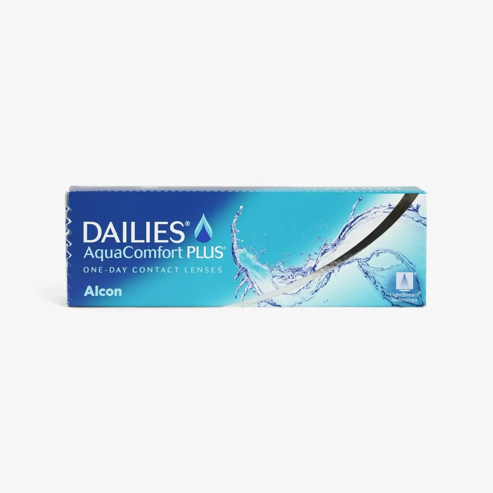 A blue and white box of Dailies Aquacomfort Plus - 30 Pk by Dailies, featuring Blink-Activated Moisture, a splash of water graphic, and product branding on the front.