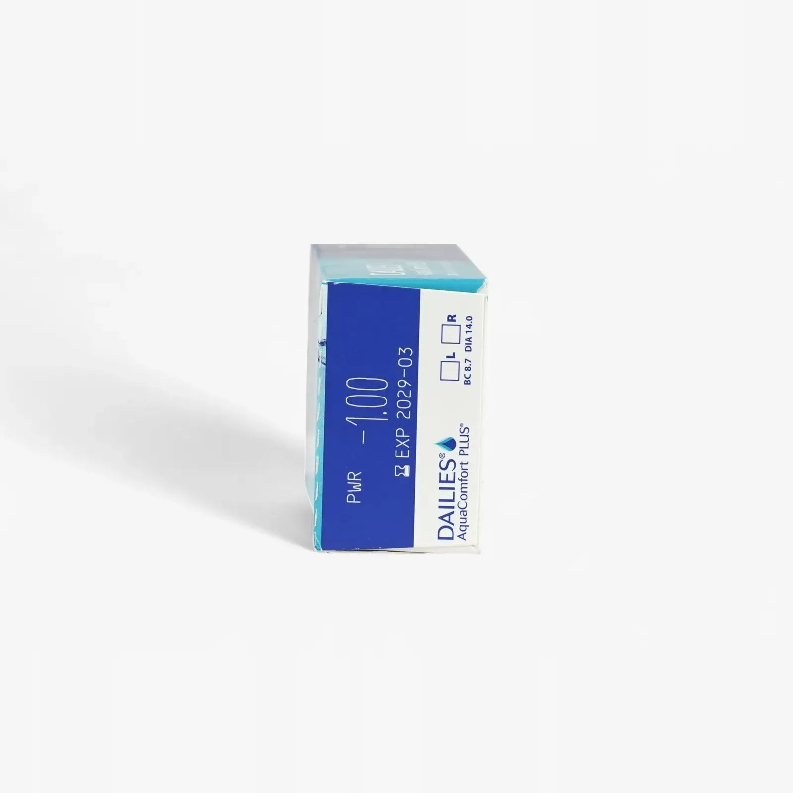 A box of Dailies Aquacomfort Plus - 30 Pk daily lenses, featuring Blink-Activated Moisture, shows prescription details like power -1.00, expiration date 2029-03, and the Dailies brand in blue and white.