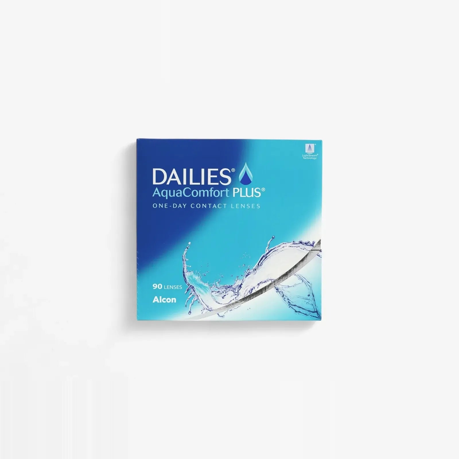 A blue and teal box of Dailies Aquacomfort Plus - 90 Pk daily lenses by Dailies features a modern water-splash design and highlights Blink-Activated Moisture for all-day comfort. Box contains 90 lenses.