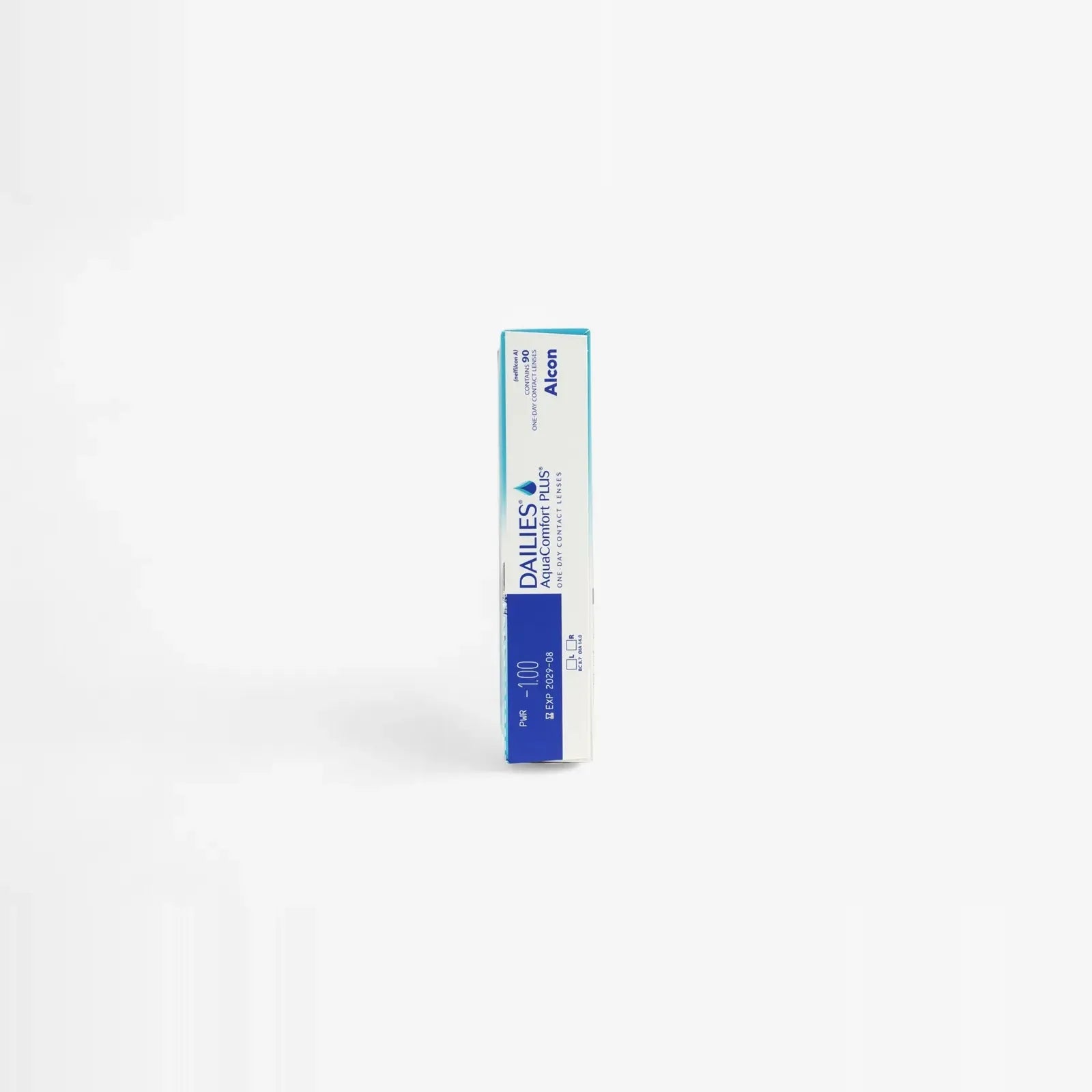 A rectangular box of Dailies Aquacomfort Plus - 90 Pk contact lenses by Dailies stands upright against a plain white background, with mainly white and blue packaging featuring Blink-Activated Moisture text.