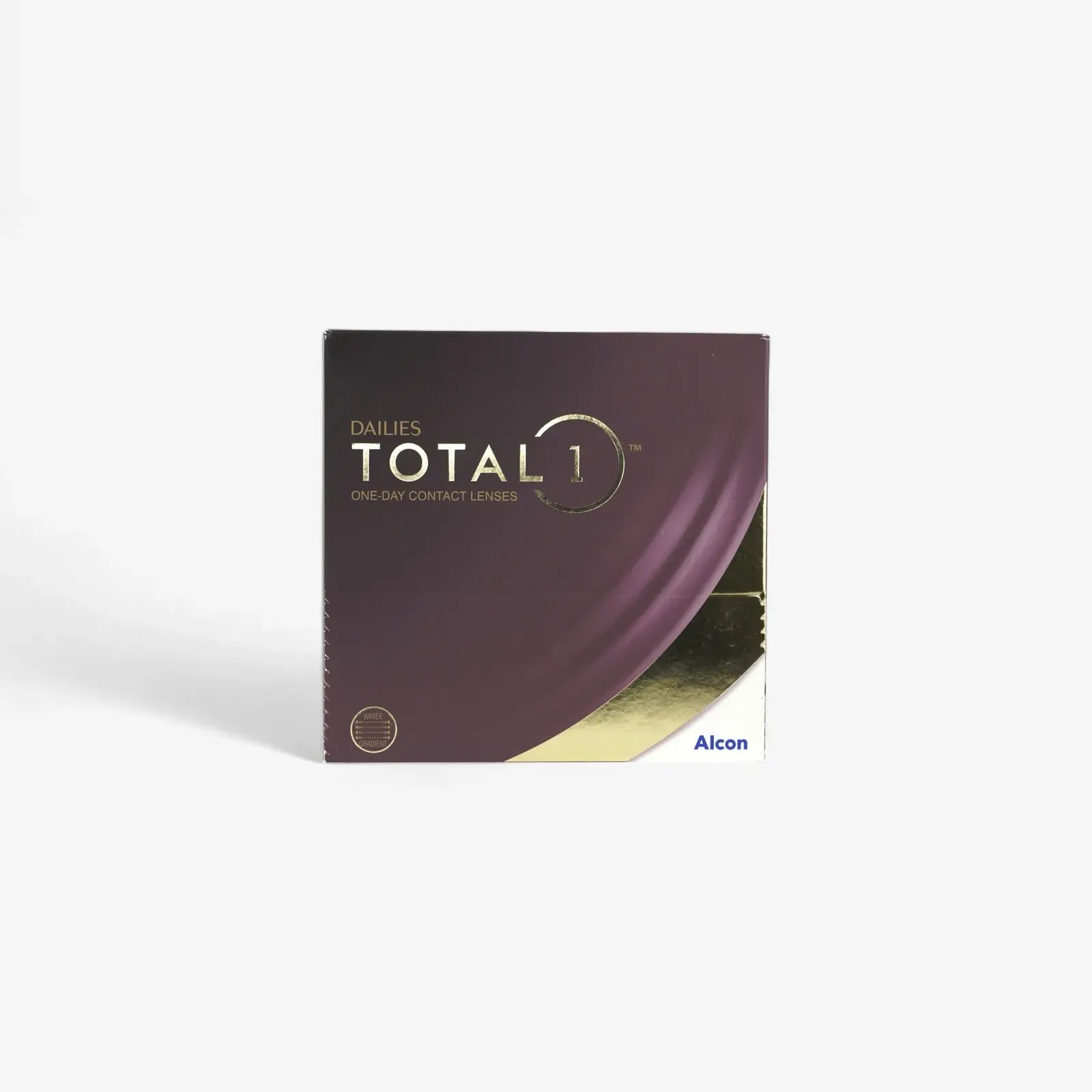 A 90-pack box of Dailies Total 1 contact lenses from Total1, featuring a dark maroon and gold design and the Alcon logo in the bottom right corner.