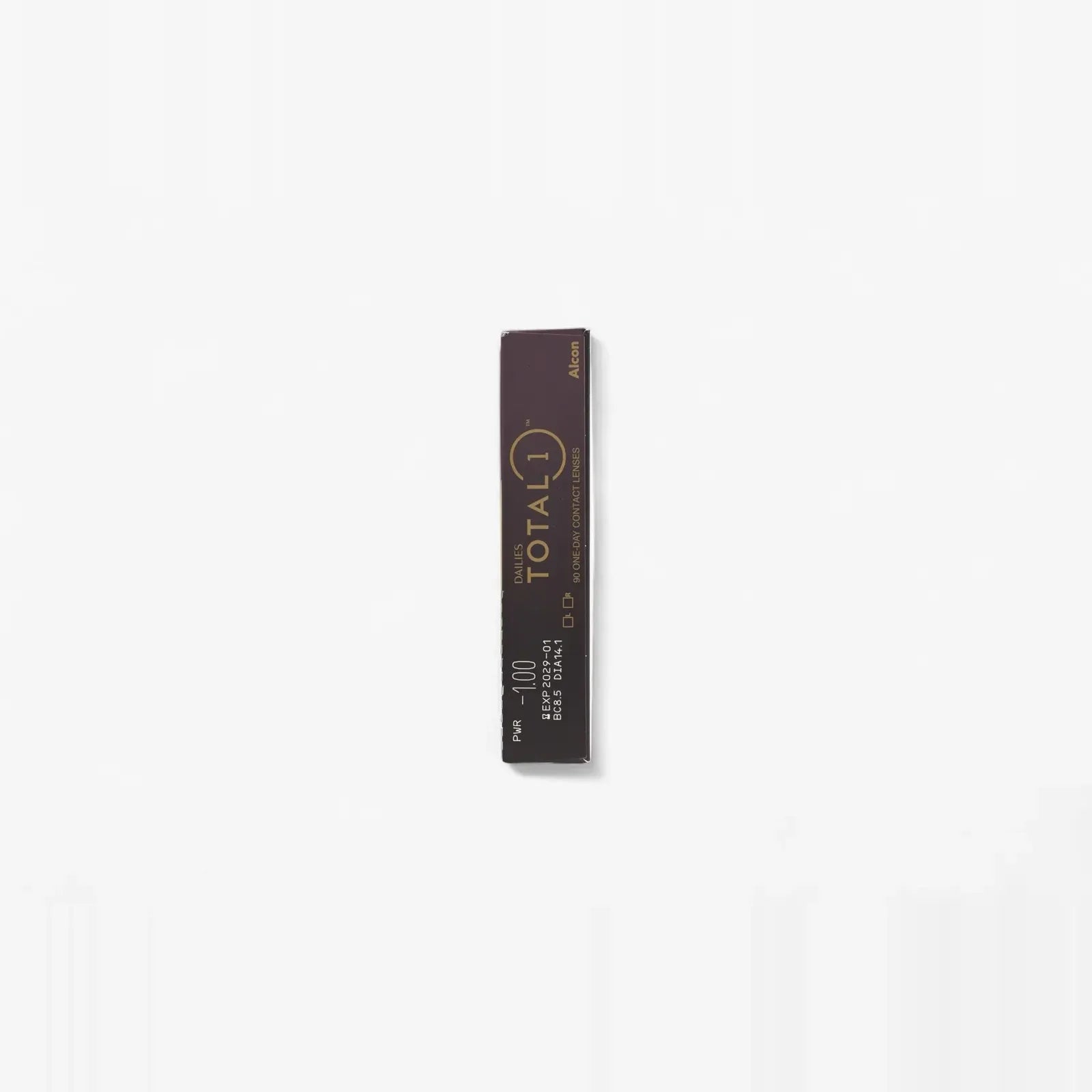 A rectangular, dark-colored box labeled Dailies Total 1 - 90 Pk by Total1 stands upright against a white background. The packaging features gold and white text with a minimal design, highlighting innovative water gradient contact lens technology.