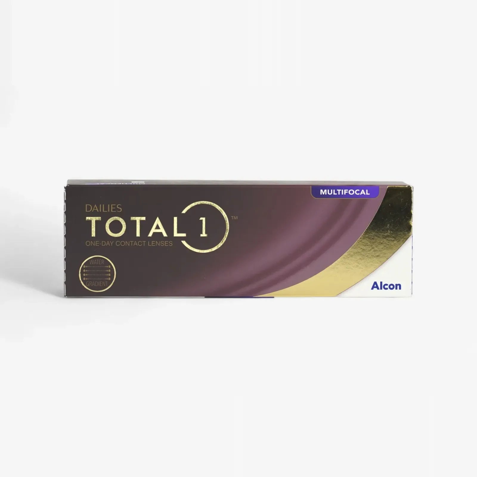 A 30-pack box of Dailies Total 1 Multifocal daily lenses by Dailies, for presbyopia, features a brown and gold design with the product name and details on the front.