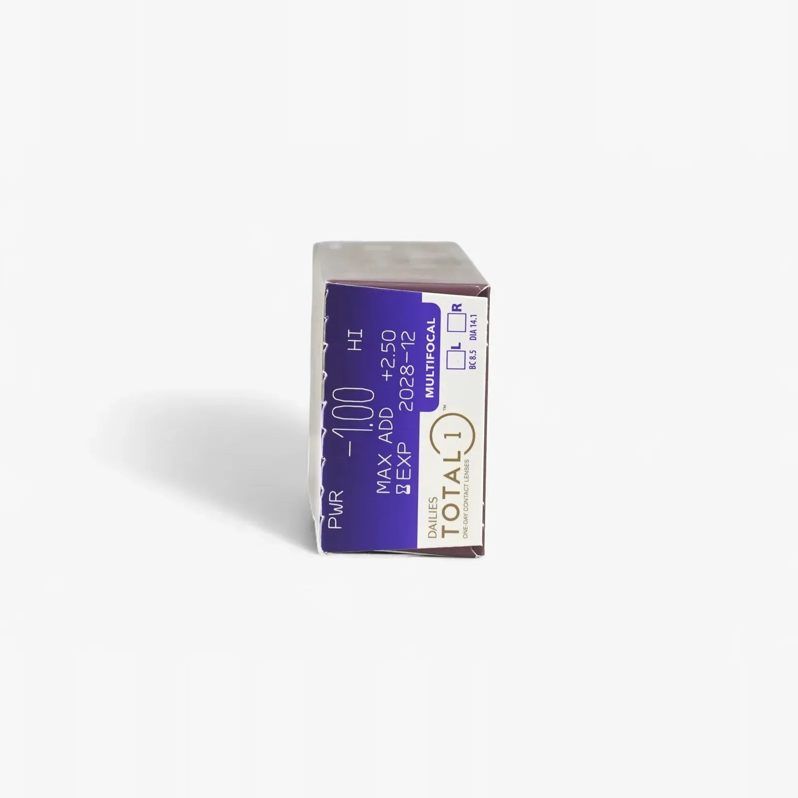 A box of Dailies Total 1 Multifocal - 30 Pk by Dailies is shown from the side, featuring prescription details for presbyopia: power -1.00, MAX ADD +2.50, and expiration date 2028-02.