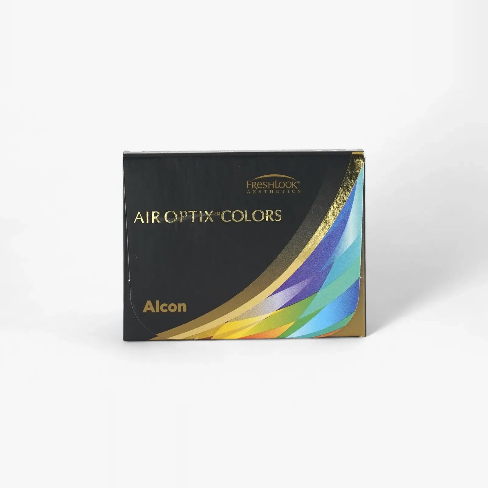 A black and gold box of Air Optix Aqua Colors (Two) - 2 Pk by Air Optix, featuring a colorful curved design on the bottom right for a stylish look and breathable comfort.