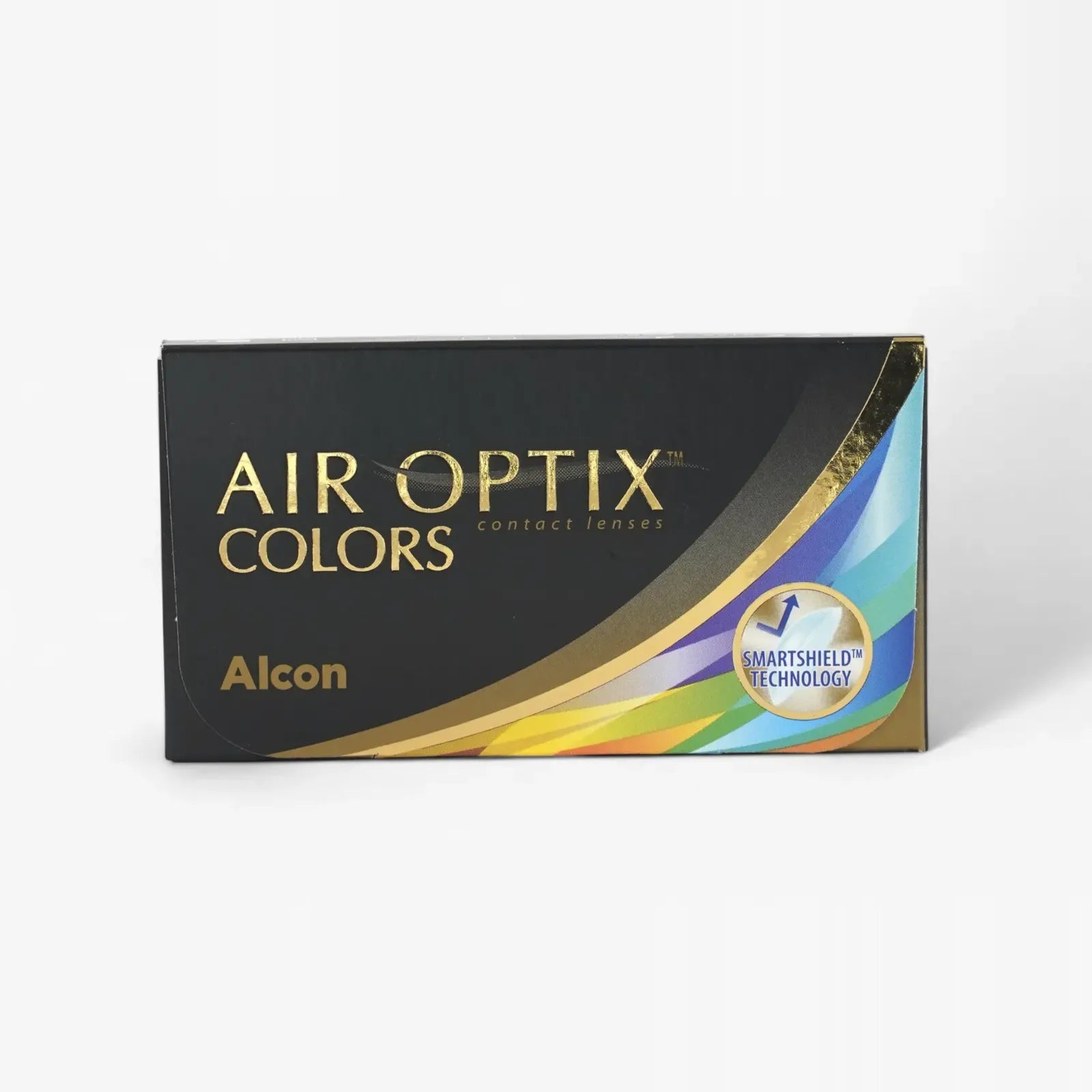 A black and gold box of Air Optix Aqua Colors - 6 Pack by Air Optix, featuring colorful stripes and a blue SmartShield Technology badge for breathable lens comfort.