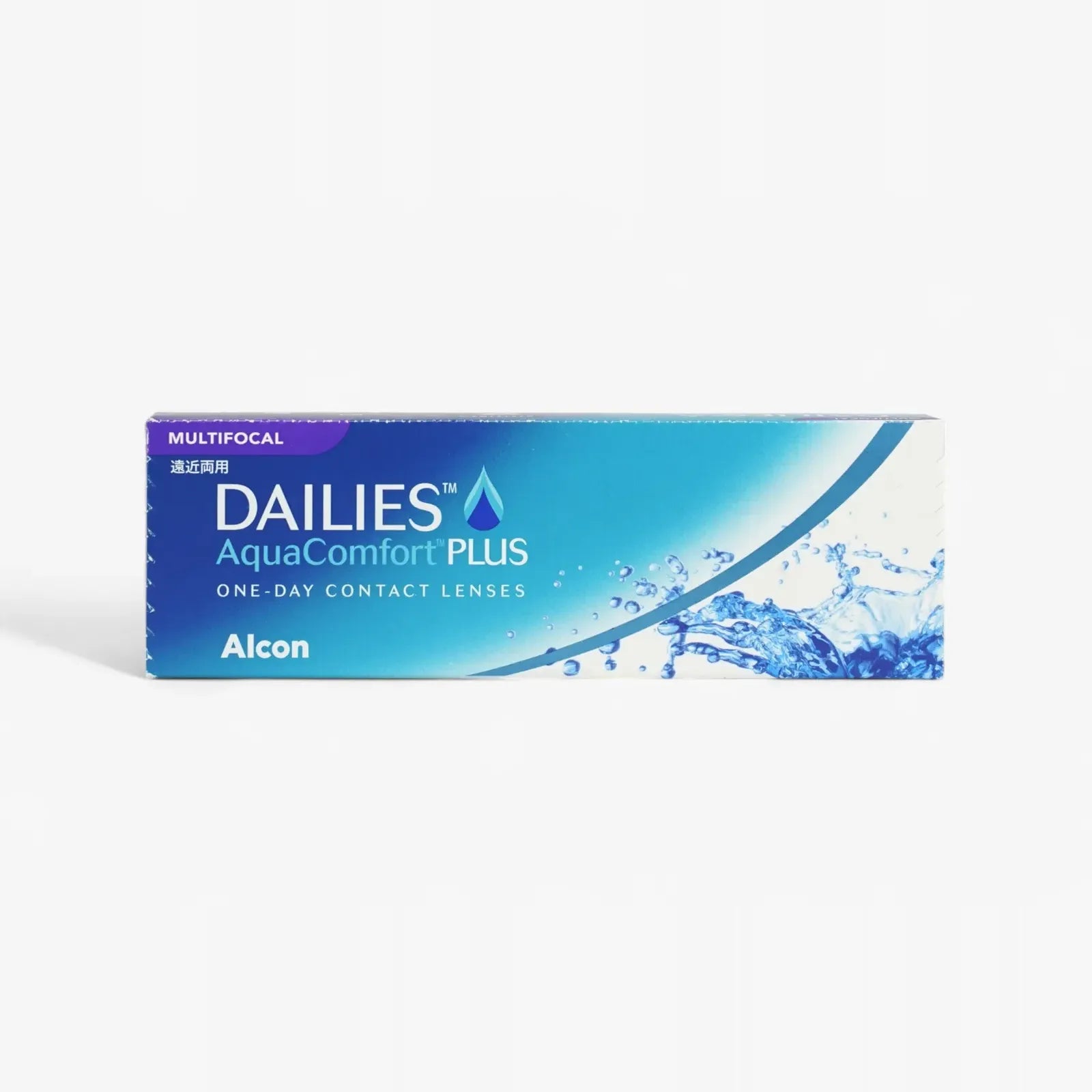 A 30-pack box of Dailies Aquacomfort Plus Mf daily lenses by Dailies, with a blue and white design, water splash graphic, and Blink-Activated Moisture for all-day comfort.