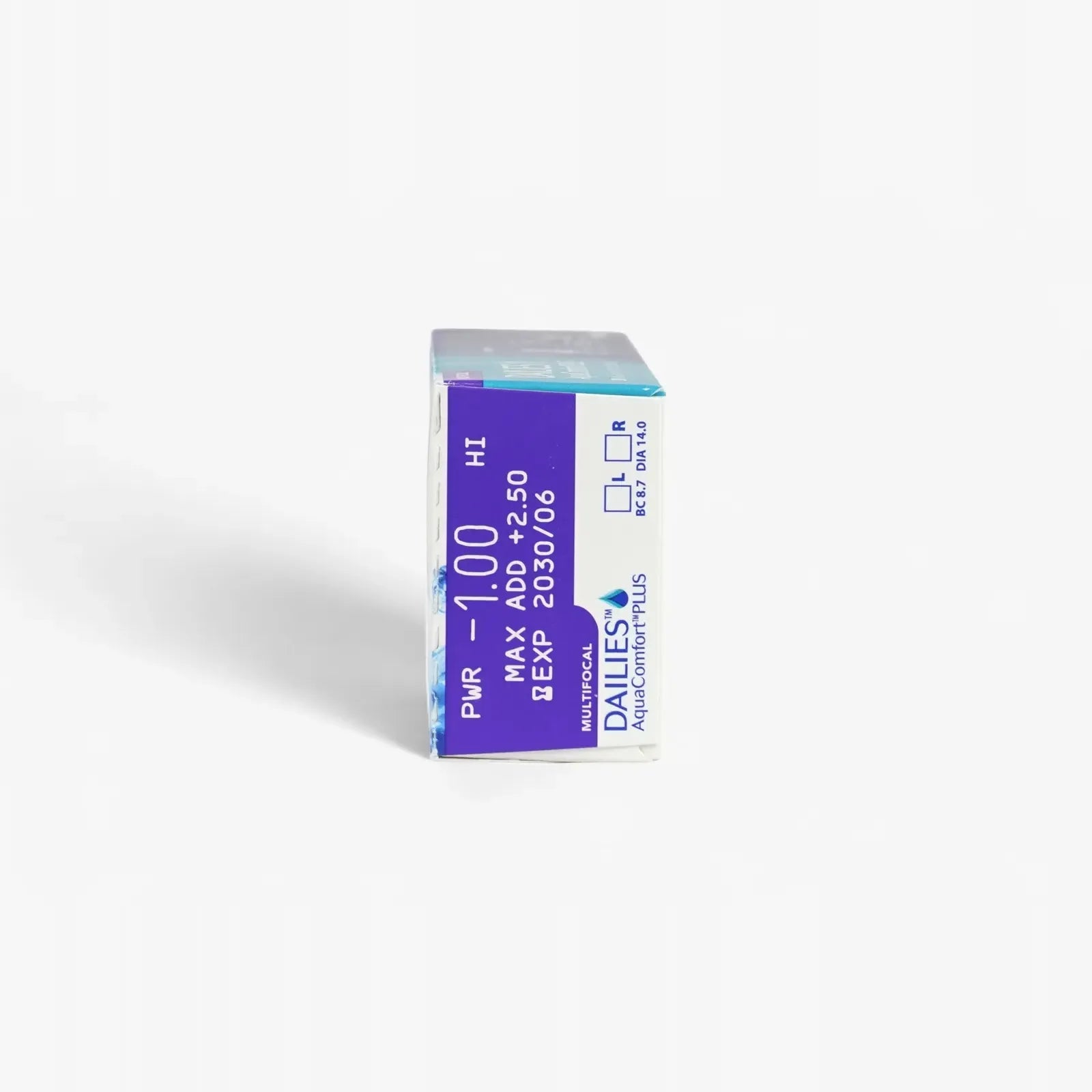 A blue and white box of Dailies Aquacomfort Plus Mf - 30 Pk daily contact lenses by Dailies stands upright on a white background, showing prescription details and expiration date, with Blink-Activated Moisture technology highlighted.