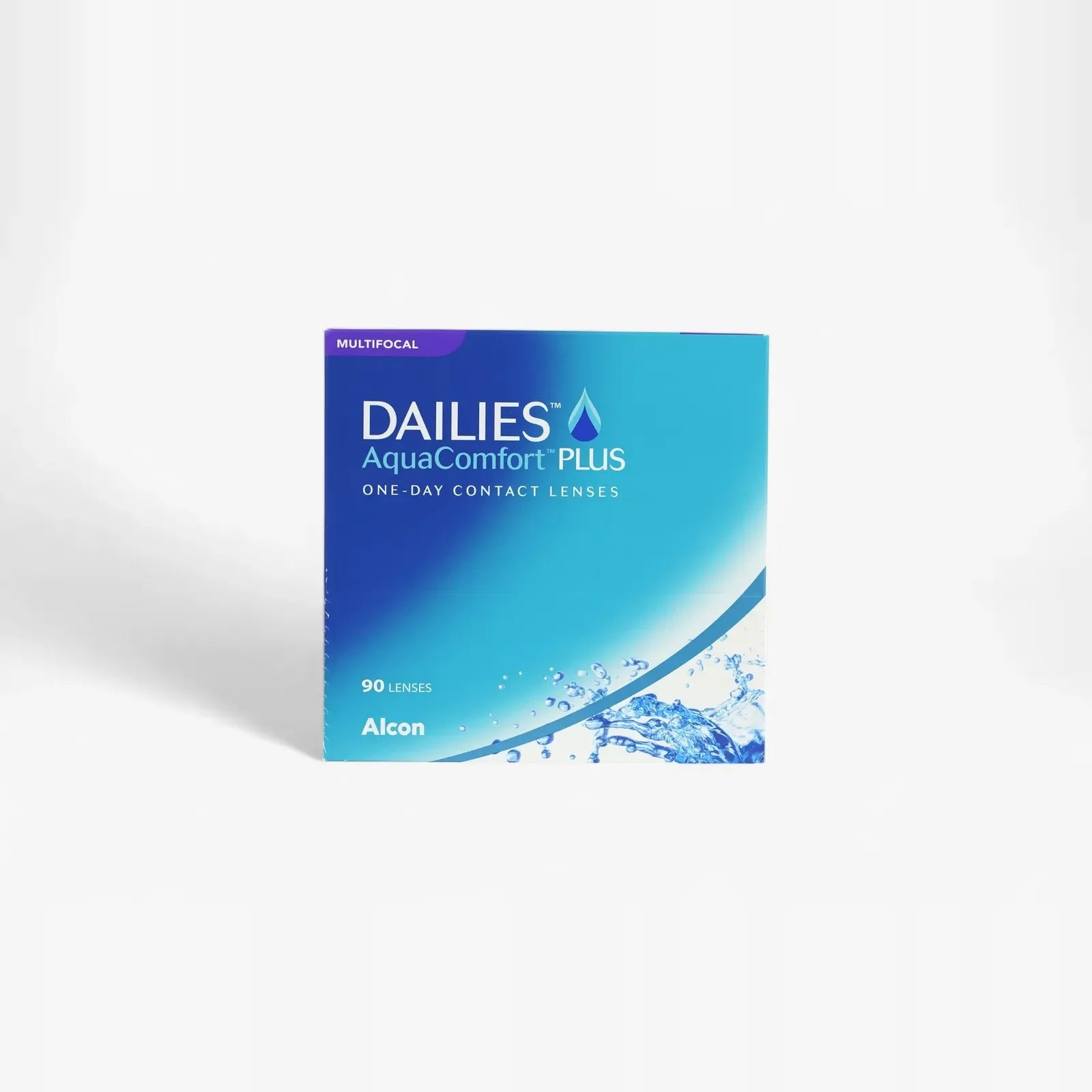 A blue and white box of Dailies Aquacomfort Plus Mf - 90 Pk by Dailies contains 90 daily multifocal lenses and has a water splash graphic on its packaging.