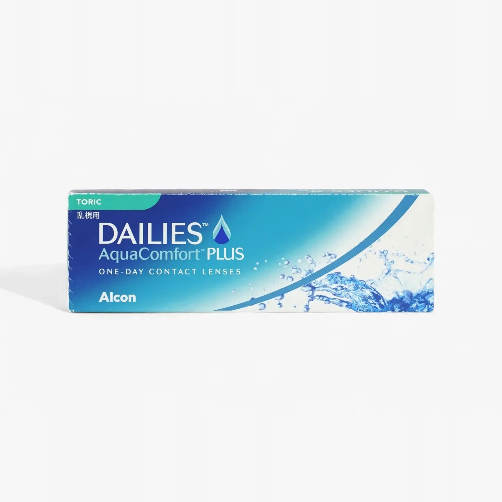 A 30-pack of Dailies Aqua Comf Plus Toric daily disposable contacts by Dailies, designed for astigmatism, with blue and white packaging featuring water imagery and TORIC in the top left corner.