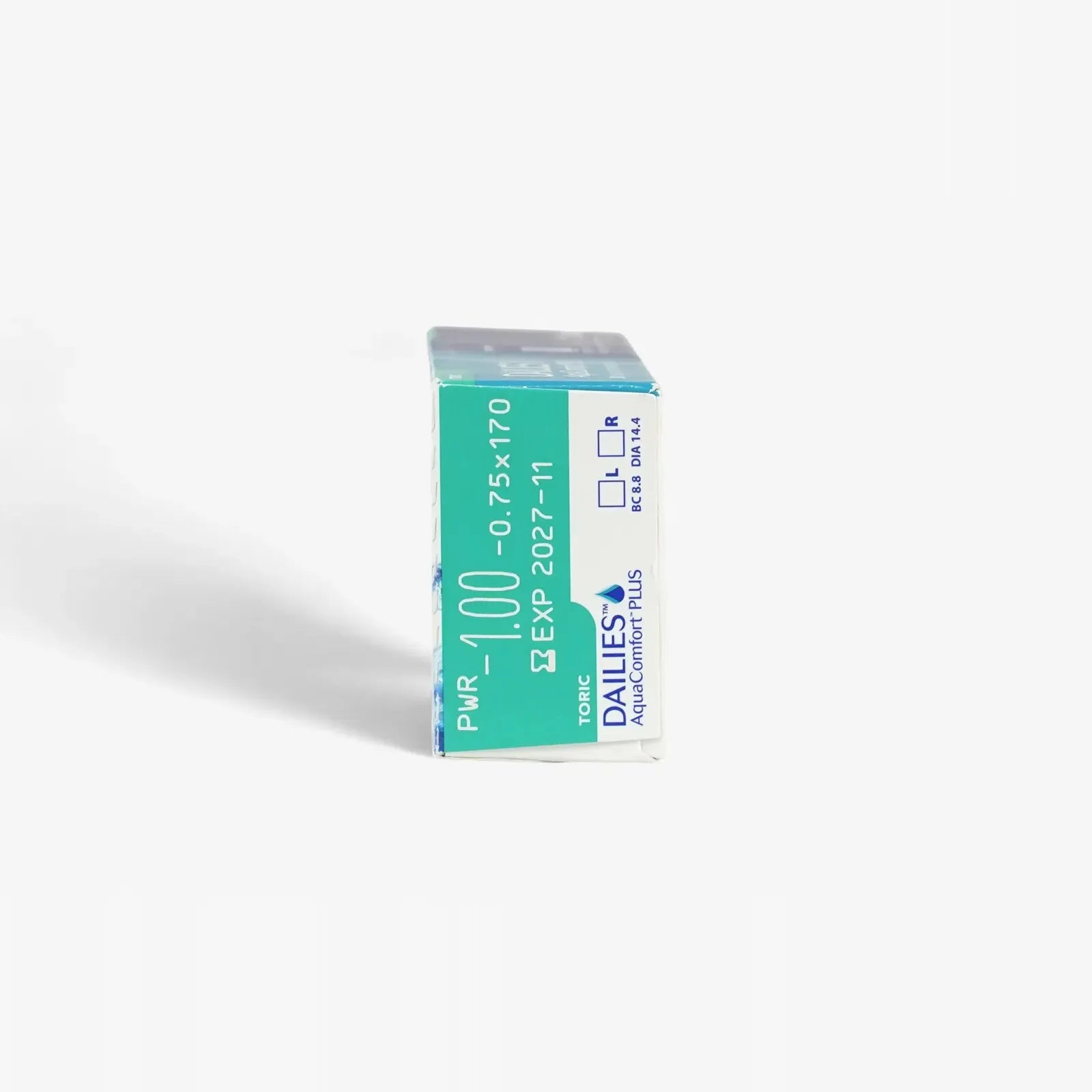 A box of Dailies Aqua Comf Plus Toric - 30Pk daily disposable contact lenses by Dailies stands upright against a white background, showing prescription details and expiration date—ideal for those with astigmatism.