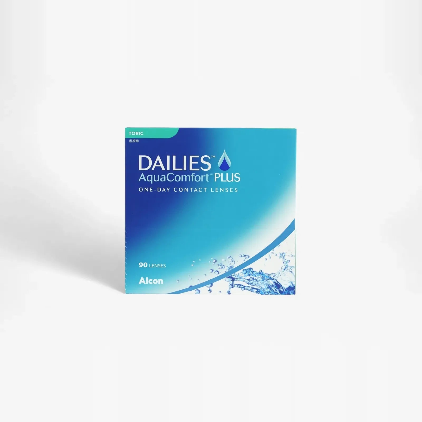 A blue and white box of Dailies Aqua Comf Plus Toric - 90Pk daily contacts for astigmatism by Dailies, featuring a water splash graphic on the packaging and containing 90 lenses.