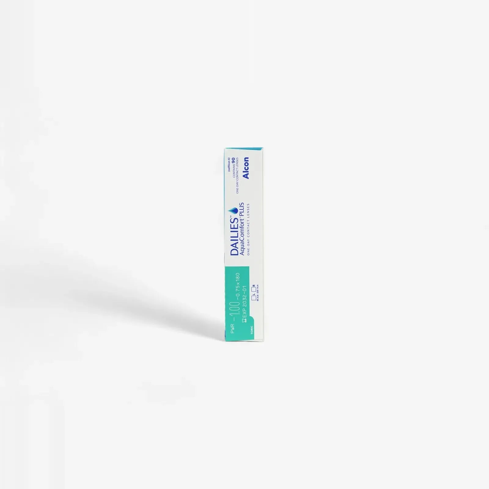 A rectangular box of Dailies Aqua Comf Plus Toric - 90Pk for astigmatism stands upright against a white background, displaying blue and turquoise text and graphics on Dailies packaging.