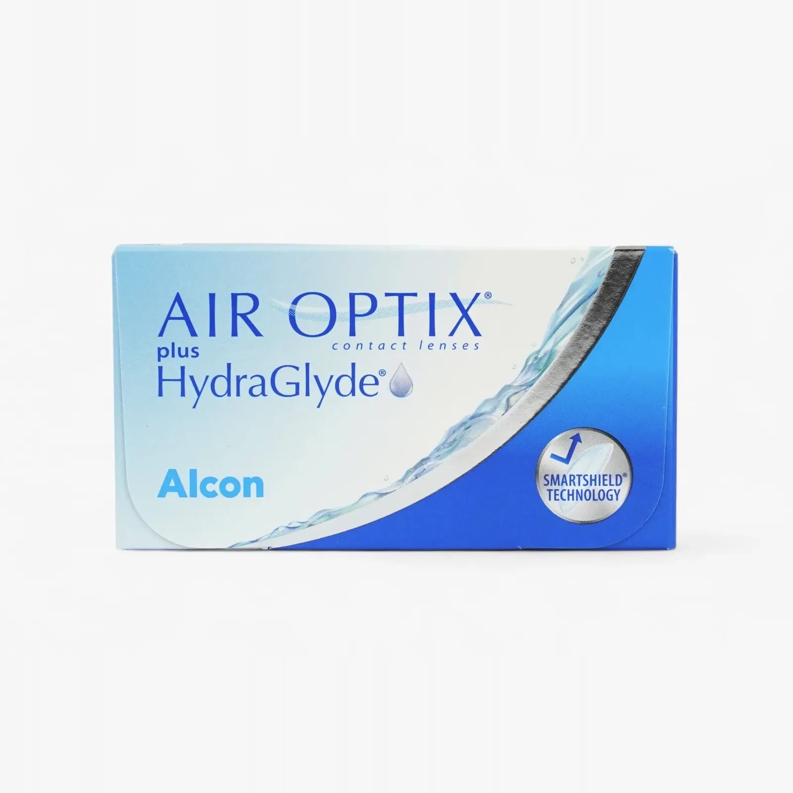 Blue and white box of Air Optix Plus Hydraglyde - 6Pk by Air Optix, featuring a water droplet graphic, a SmartShield Technology label on the front, and compatibility with many vision insurance plans.
