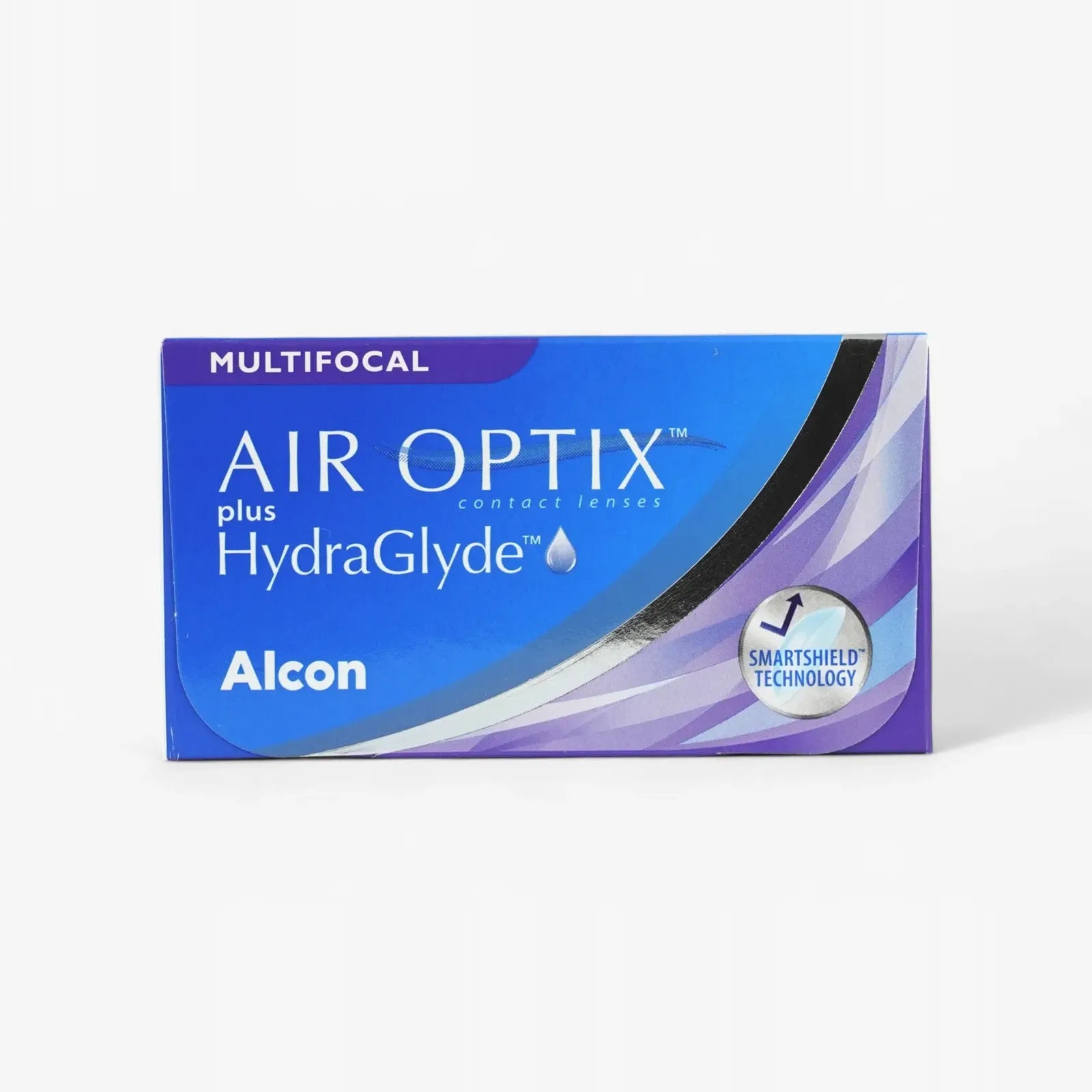 The Air Optix Hydraglyde Multi 6Pk by Air Optix is a blue and purple box of monthly multifocal contact lenses, featuring SmartShield Technology for comfortable wear and clear vision at all distances.