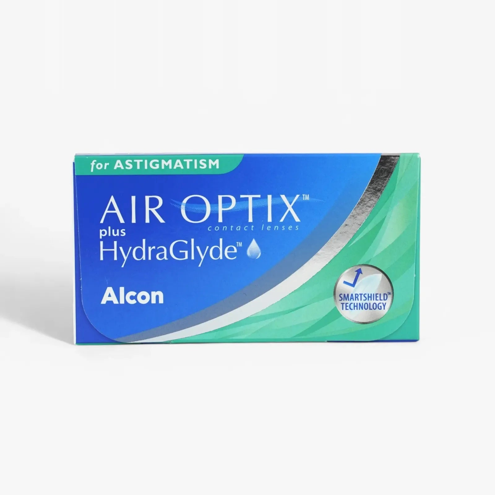 A box of Air Optix Hydraglyde For Astig 6Pk by Air Optix, featuring blue and green colors with a silver SmartShield Technology circle for comfortable monthly contact lenses.