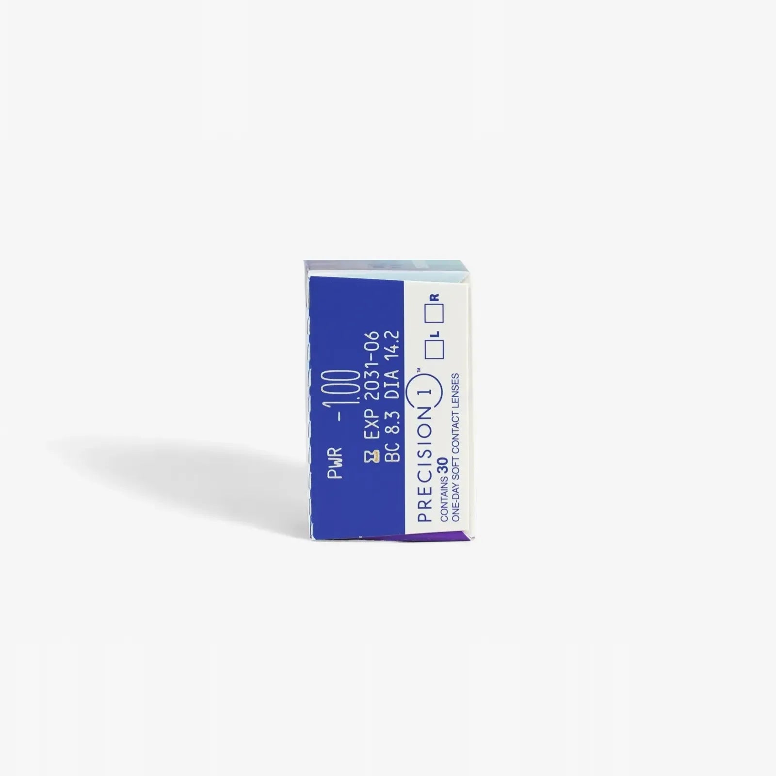 A blue and white box of Precision 1 - 30 Pk contact lenses from Precision stands upright on a white background, displaying product and prescription details on the front.