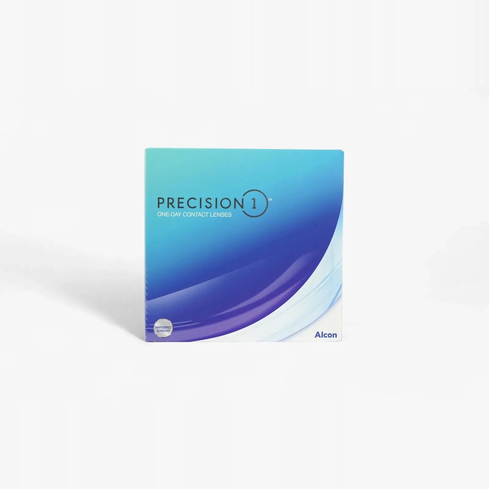 A box of Precision 1 - 90 Pk contact lenses by Precision features a blue and purple gradient design with white text, showcasing SMARTSURFACE Technology for comfortable daily wear.