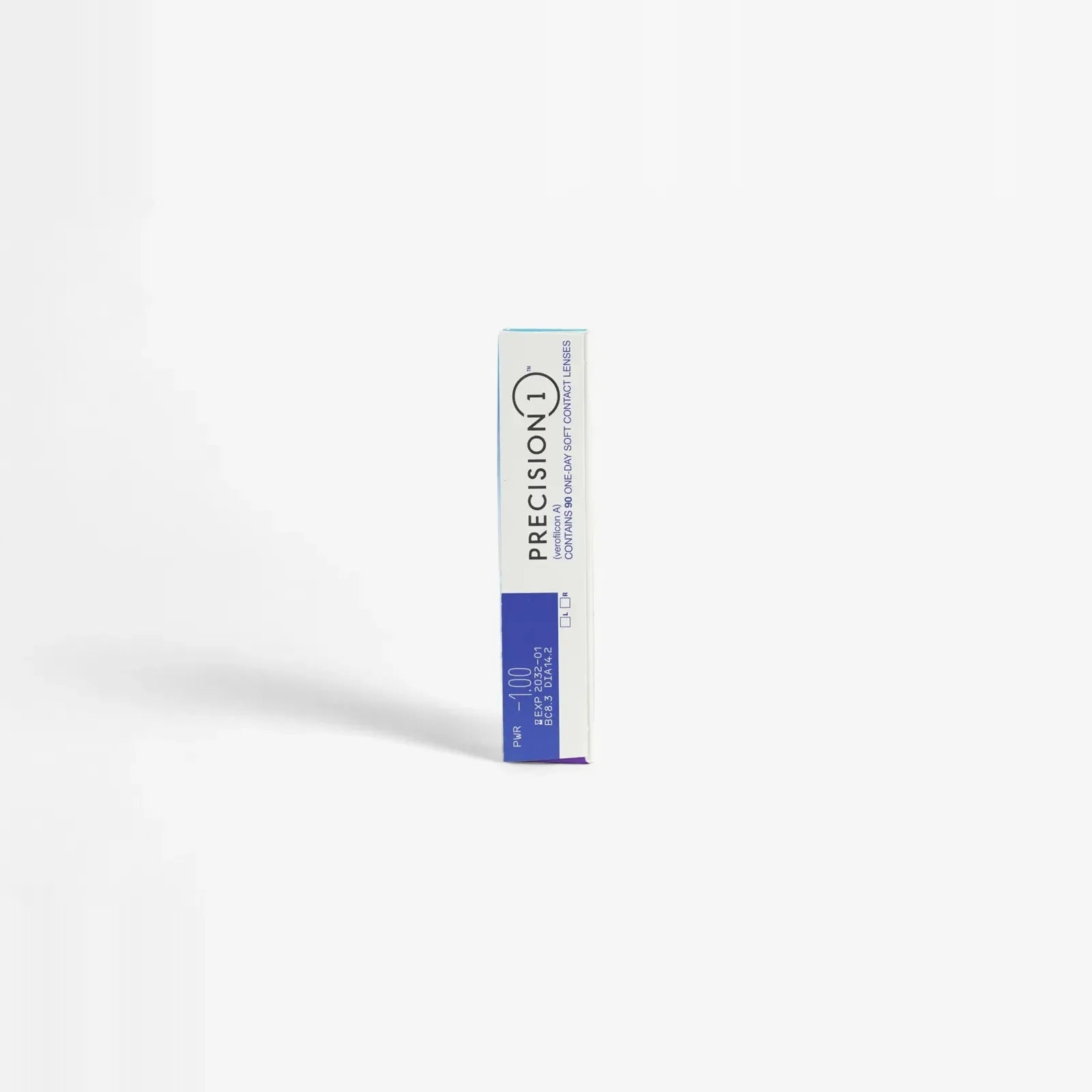 A white and purple rectangular box labeled Precision 1 - 90 Pk by Precision stands upright on a white background, with a leftward shadow, highlighting these daily contact lenses enhanced by SMARTSURFACE Technology.