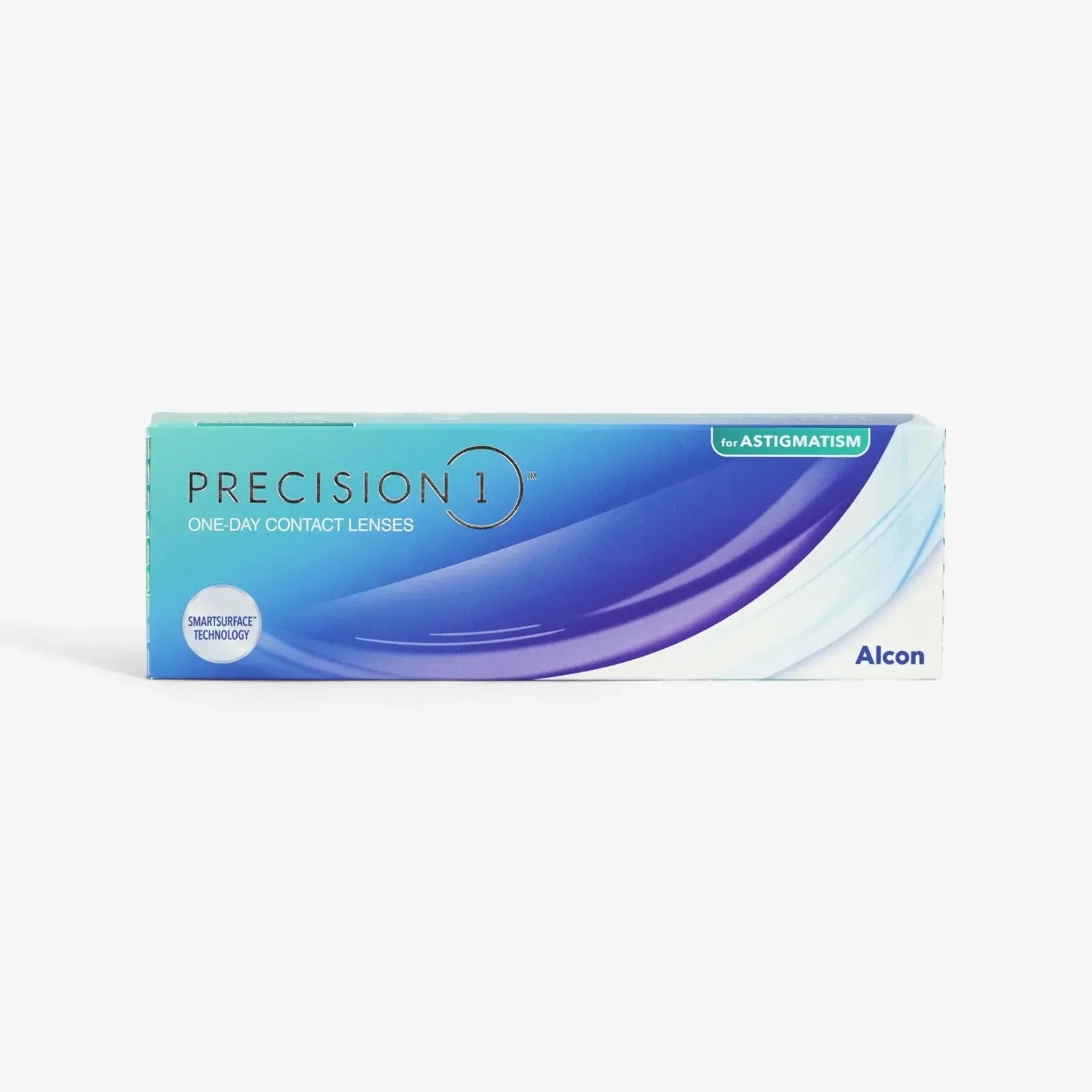 A 30-pack of Precision1 For Astig daily disposable contact lenses by Precision, featuring a blue and turquoise gradient design with SMARTSURFACE Technology.