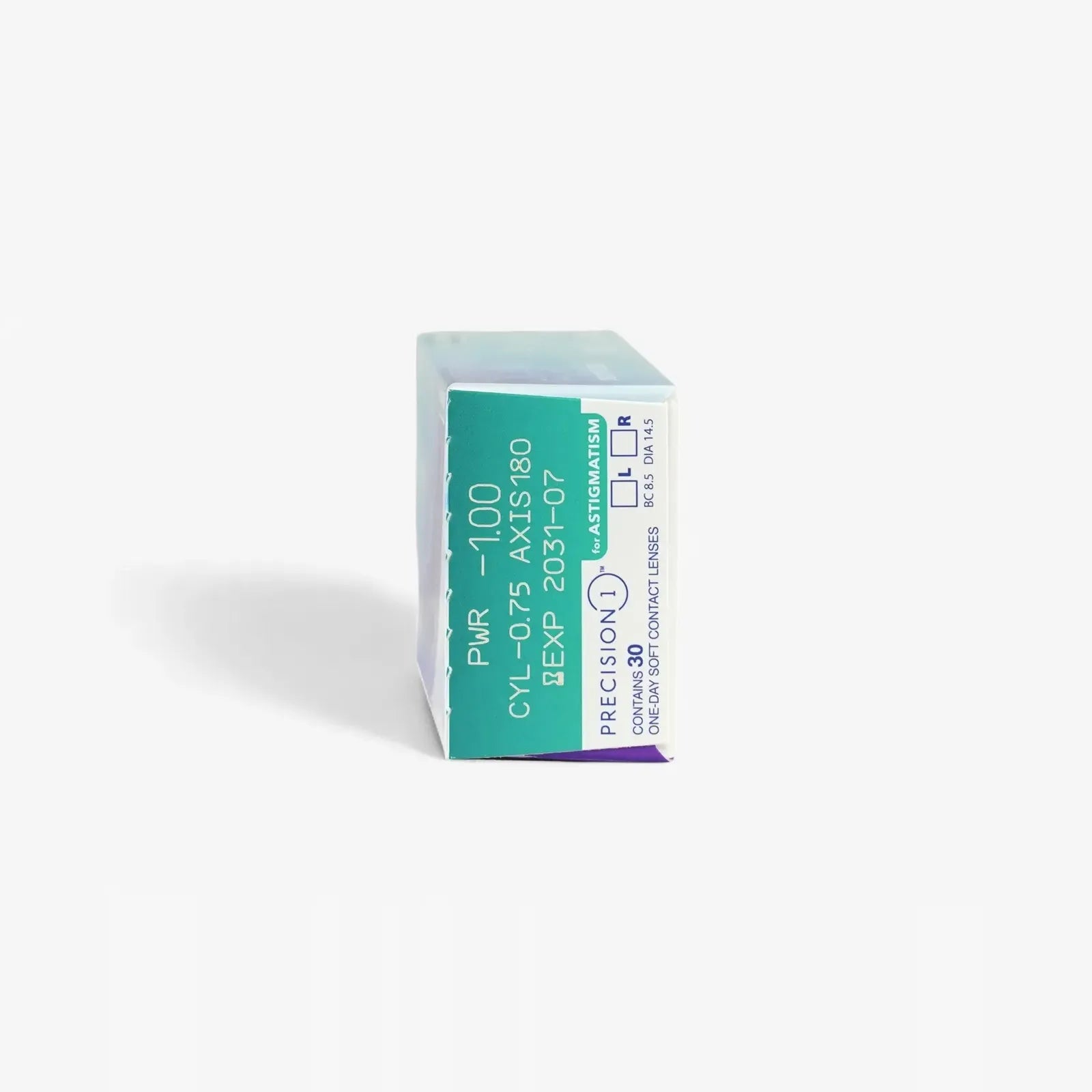A green and purple box of Precision 1 For Astig - 30Pk by Precision, daily lenses with prescription: PWR -1.00, CYL -0.75, AXIS 180, EXP 2025-07-31, featuring SMARTSURFACE Technology.
