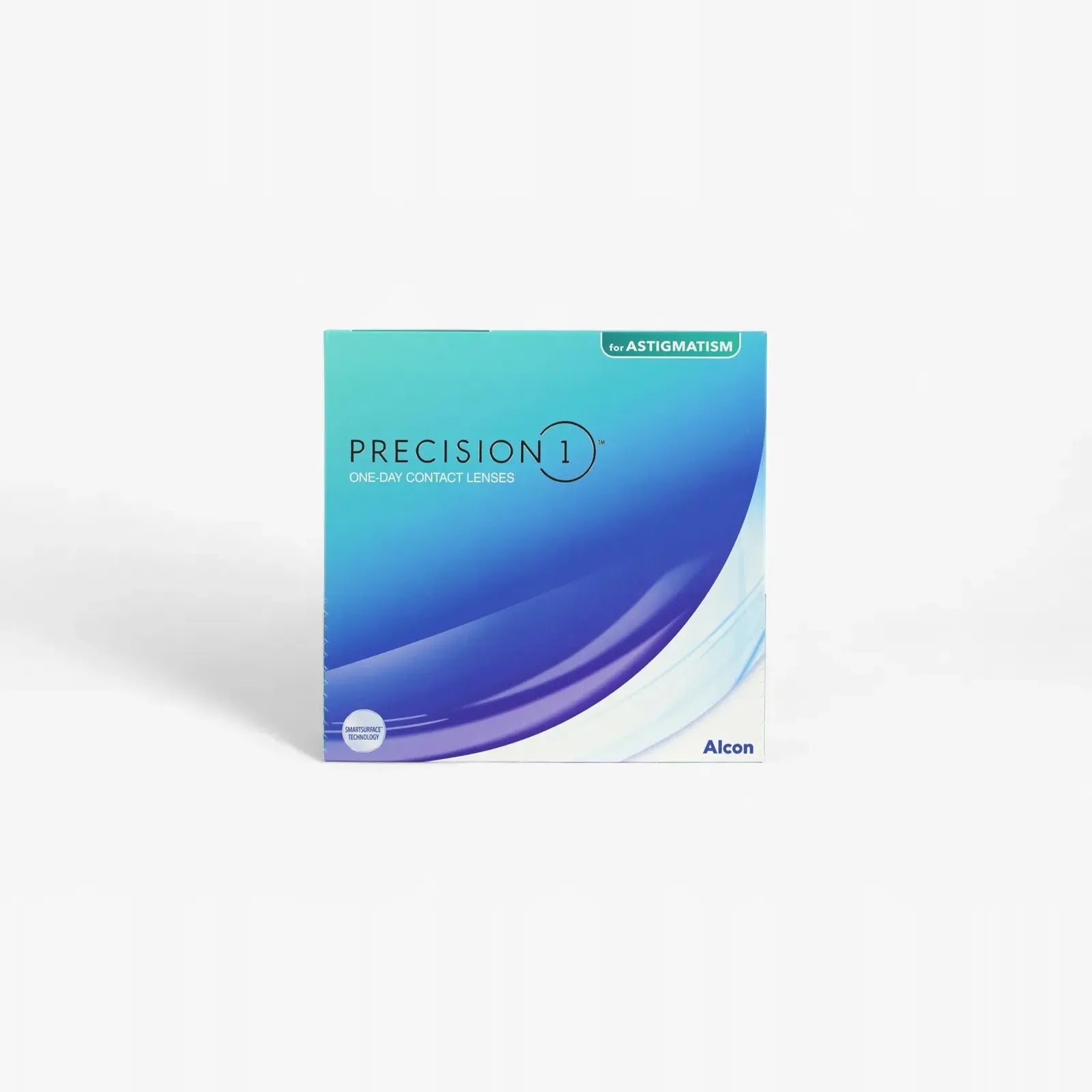 A 90-pack of Precision 1 For Astig daily disposable contact lenses by Precision, featuring a blue and teal gradient box with white accents and clear branding on the front.