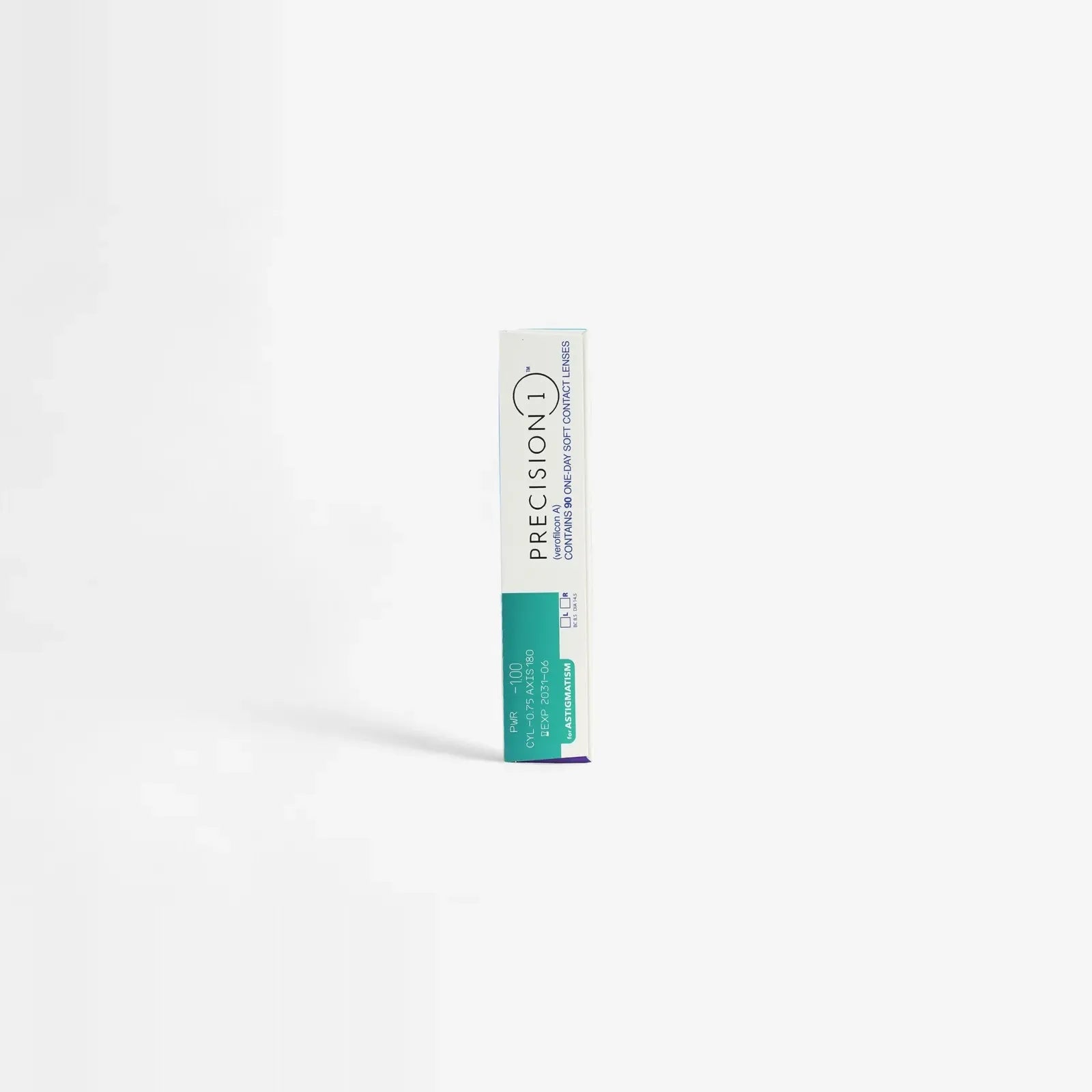 A box of Precision 1 For Astig - 90Pk daily lenses from Precision stands upright on a white background, with mostly white packaging accented in teal and purple, and blue and black text highlighting SMARTSURFACE Technology.
