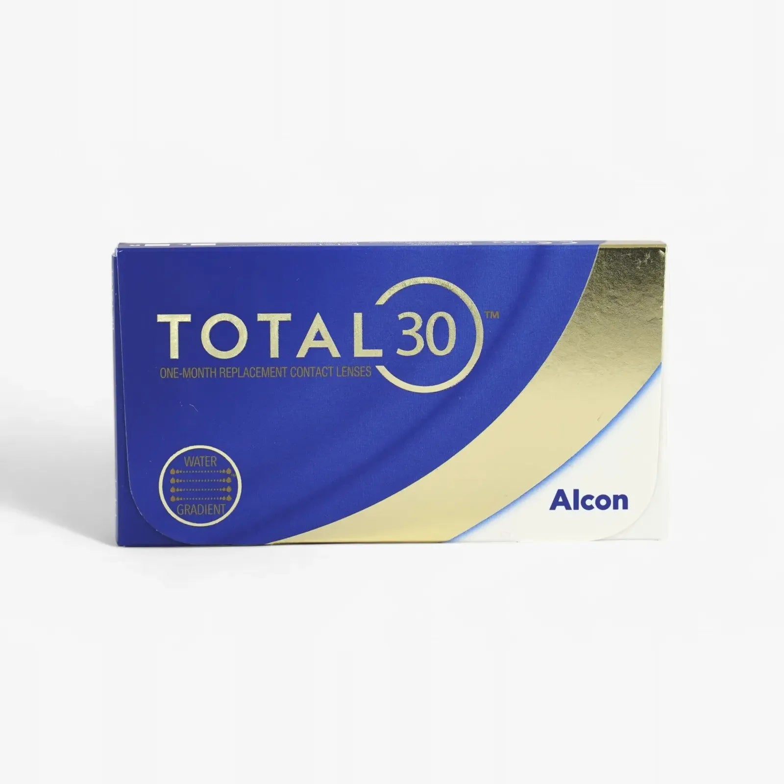 A box of Total30 Total 30 Monthly 6 Pk contact lenses features a blue and gold design with the product name and water gradient monthly lens technology on the front.
