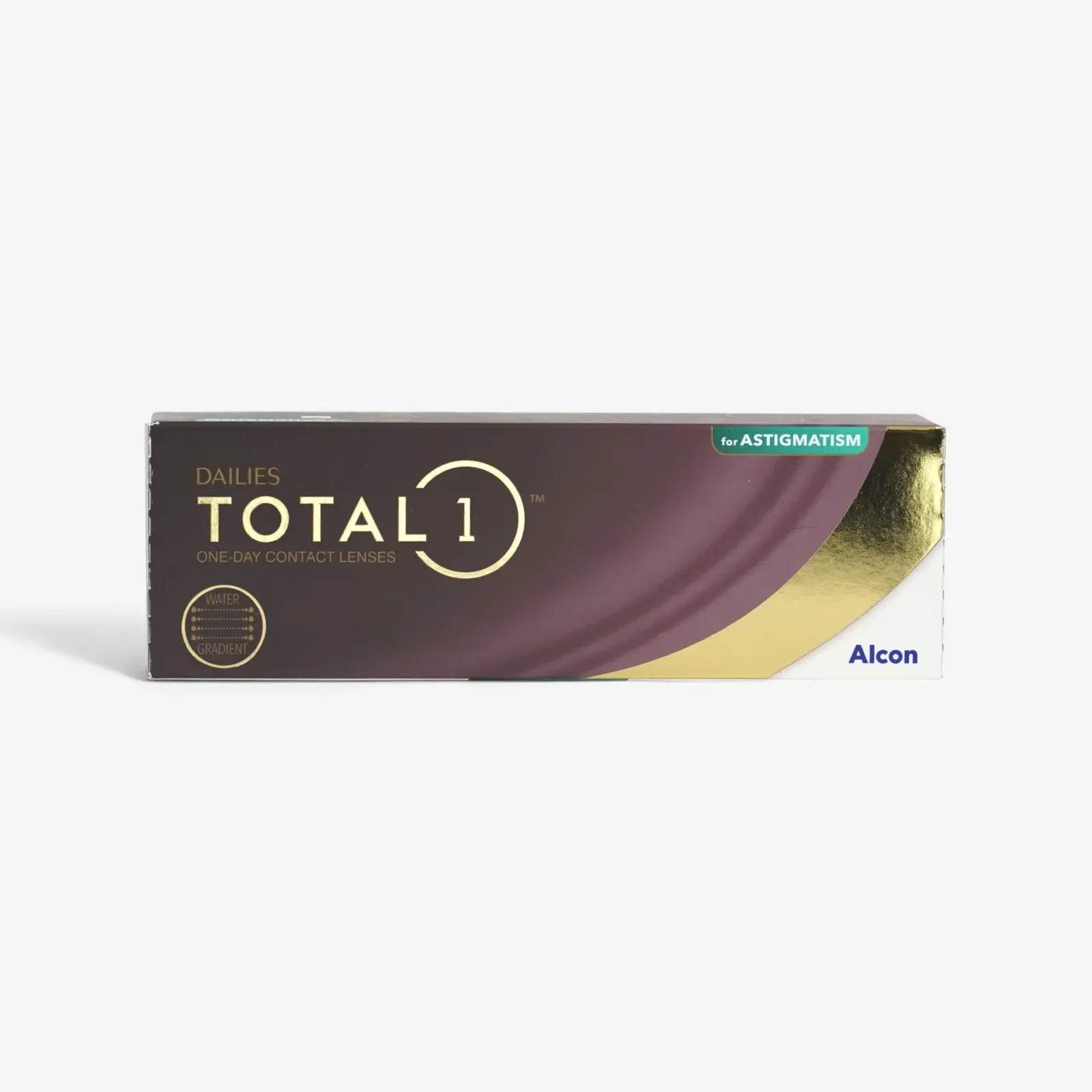 A 30-pack of Total1 Dailies Total 1 For Astig contact lenses, featuring a water gradient design and gold-burgundy packaging with green and white accents.