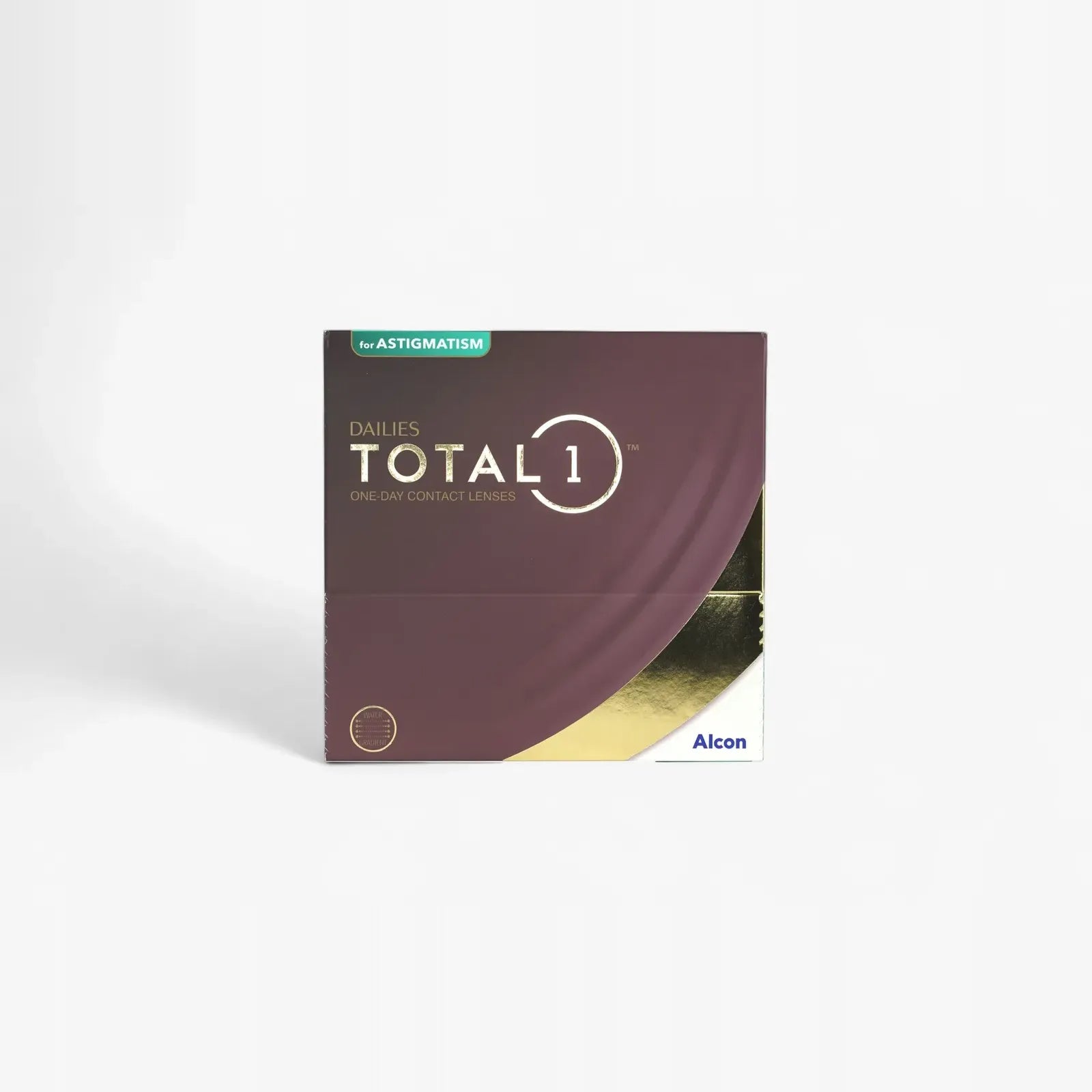 A brown and gold box of Total1 Dailies Total 1 For Astig - 90 Pk contact lenses, featuring a water gradient design, is set against a plain white background.