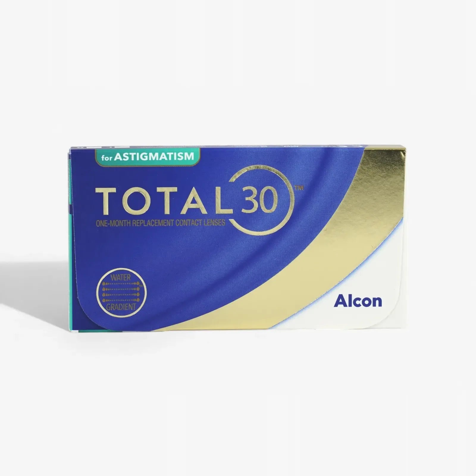A blue and gold box of Total30 For Astigmatism 6Pk, featuring monthly water gradient contact lenses for astigmatism from the Total30 brand.