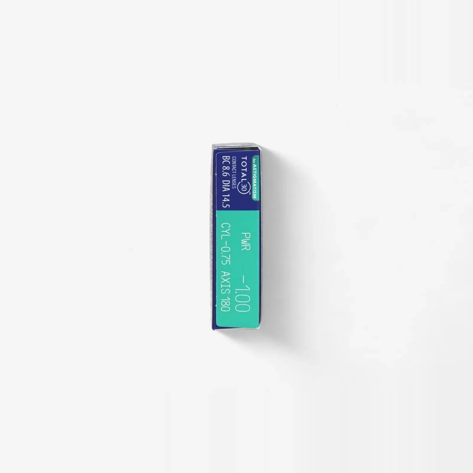 A rectangular Total30 For Astigmatism 6Pk box labeled with PWR -1.00, CYL -0.75, AXIS 180 is displayed on a white background—ideal monthly water gradient lenses for astigmatism by Total30.