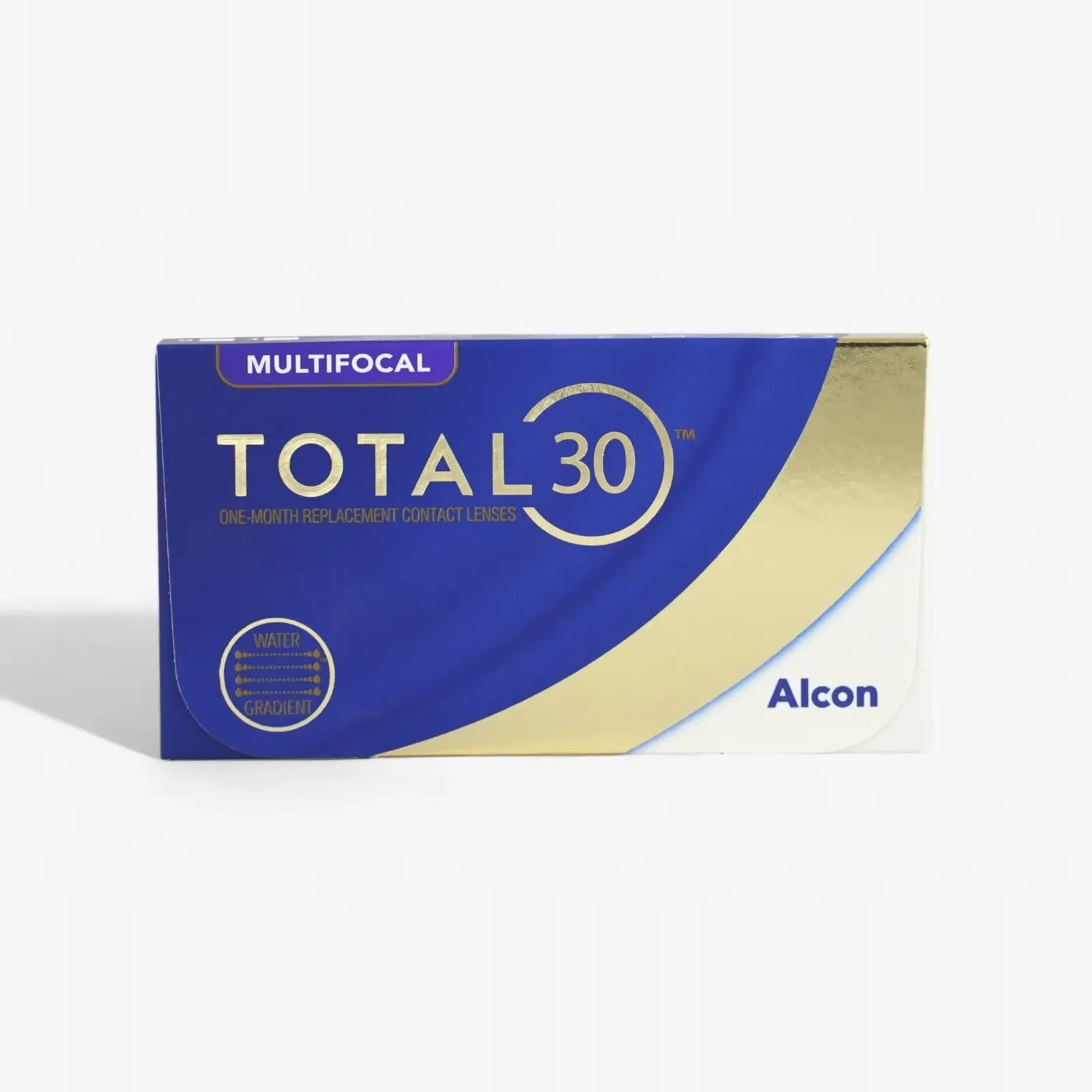A blue and gold box of Total30 Multifocal 6Pk monthly contact lenses is shown against a white background.
