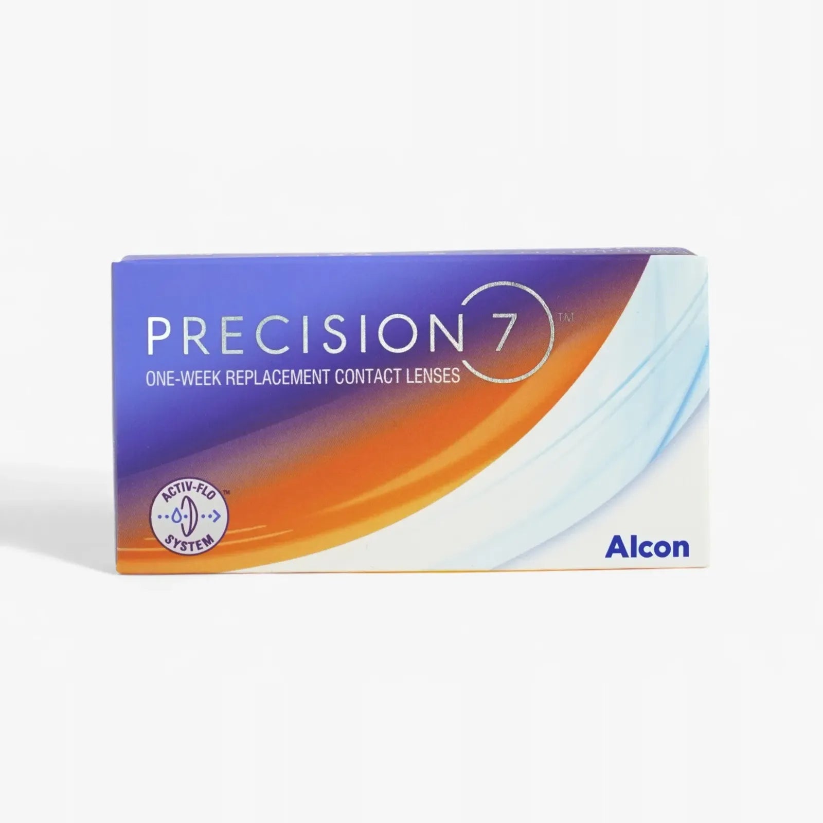 A 12-pack box of Precision 7 contact lenses by Precision, featuring a blue, orange, and white design with the ACTIV-FLO system. These one-week replacement lenses offer comfort and clear vision.