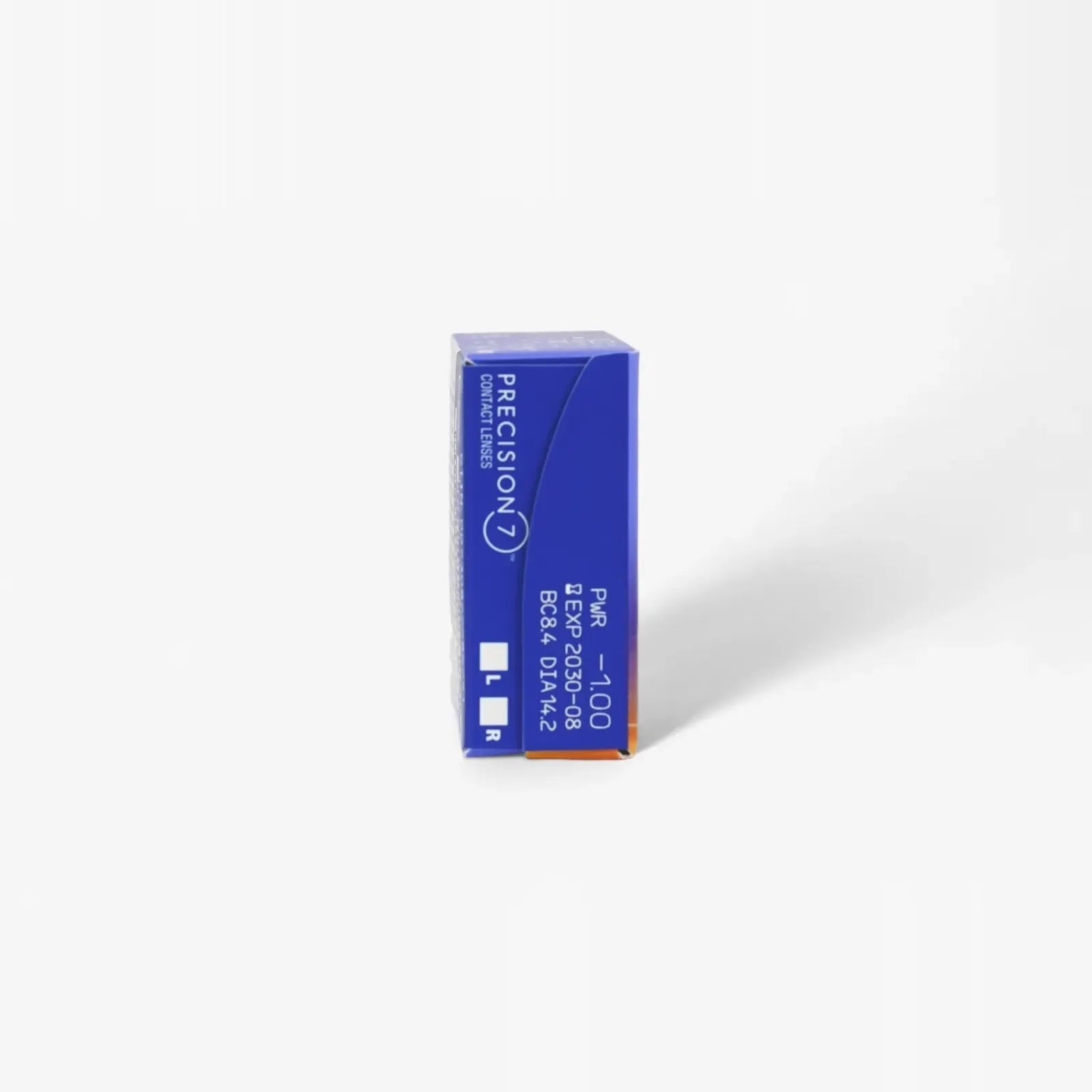 A blue box labeled Precision 7 - 12 Pk by Precision, containing contact lenses with prescription details and expiration date on the side, stands upright on a white background.