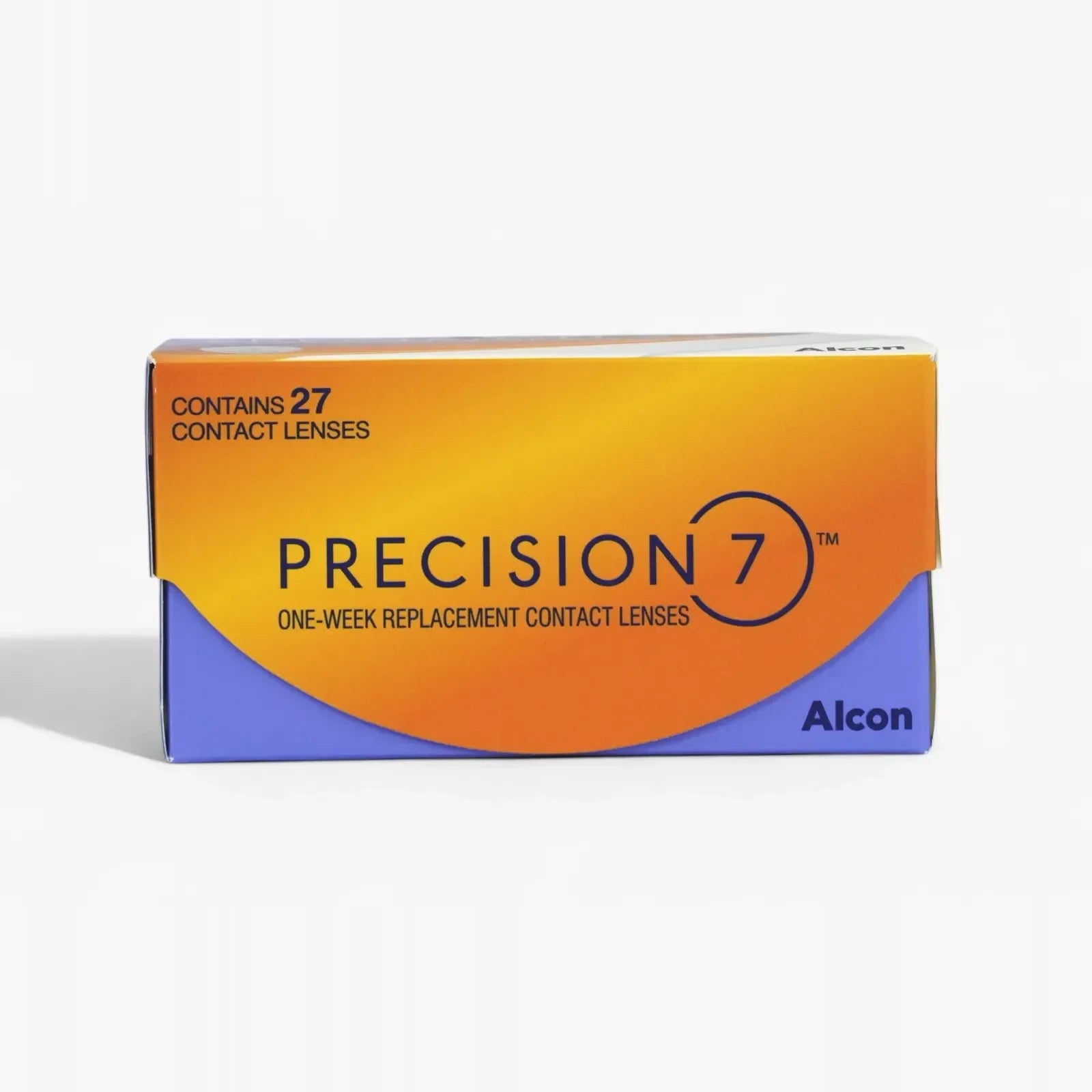 A box of Precision 7 - 27 Pk by Precision contains 27 lenses in bright orange and purple packaging, designed for one-week replacement—an ideal alternative to monthly contact lenses.