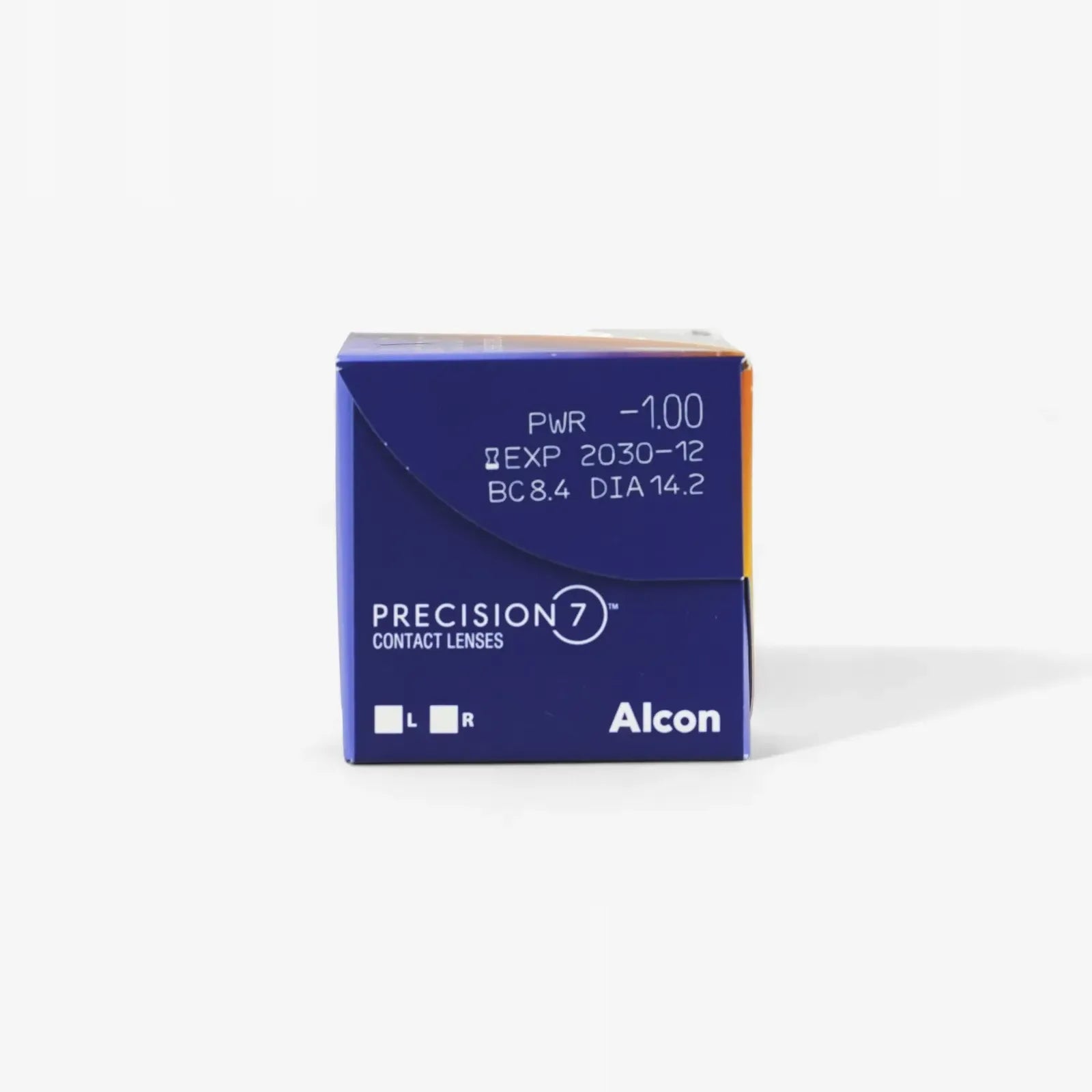 A blue box of Precision 7 - 27 Pk by Precision, for monthly contact lens wearers, with power -1.00, expiry 2030-12, base curve 8.4, and diameter 14.2 printed on the front.