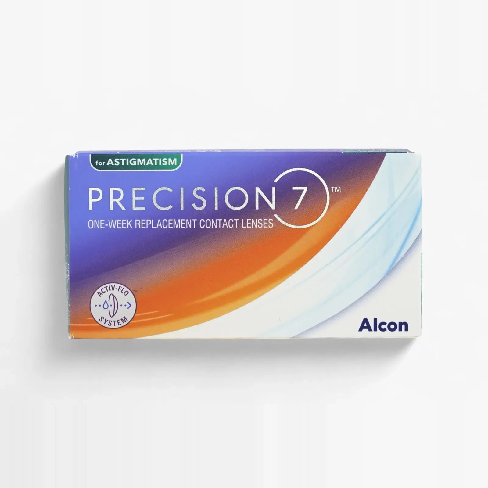 A 12-pack of Precision 7 For Astigmatism one-week contact lenses by Precision, with a blue, white, and orange design, ACTI V-LOK system logo, and advanced SMARTSURFACE Technology for exceptional comfort.