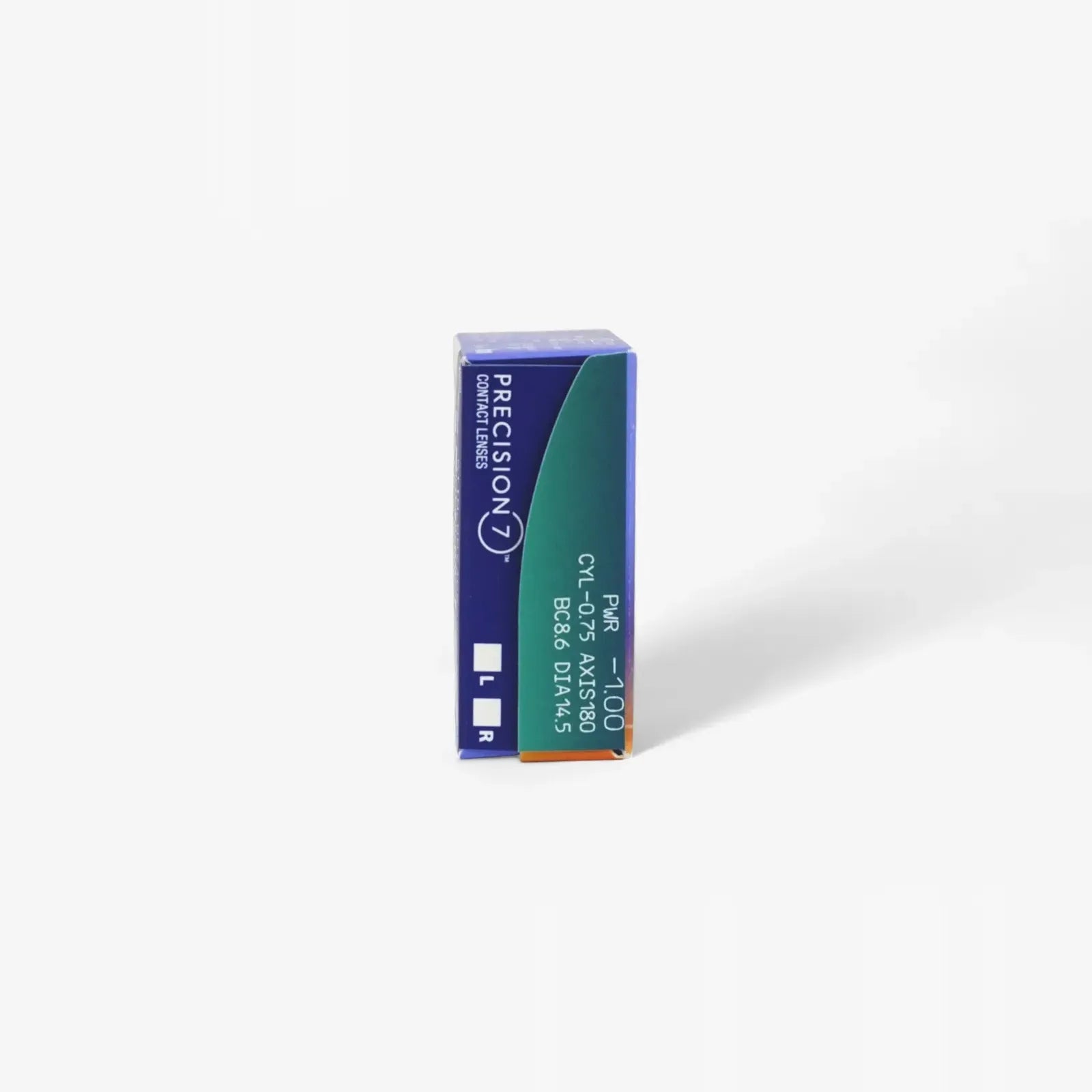 A box of Precision 7 For Astigmatism - 12Pk contact lenses by Precision stands upright on a plain white background, displaying blue and green packaging with lens prescription details.