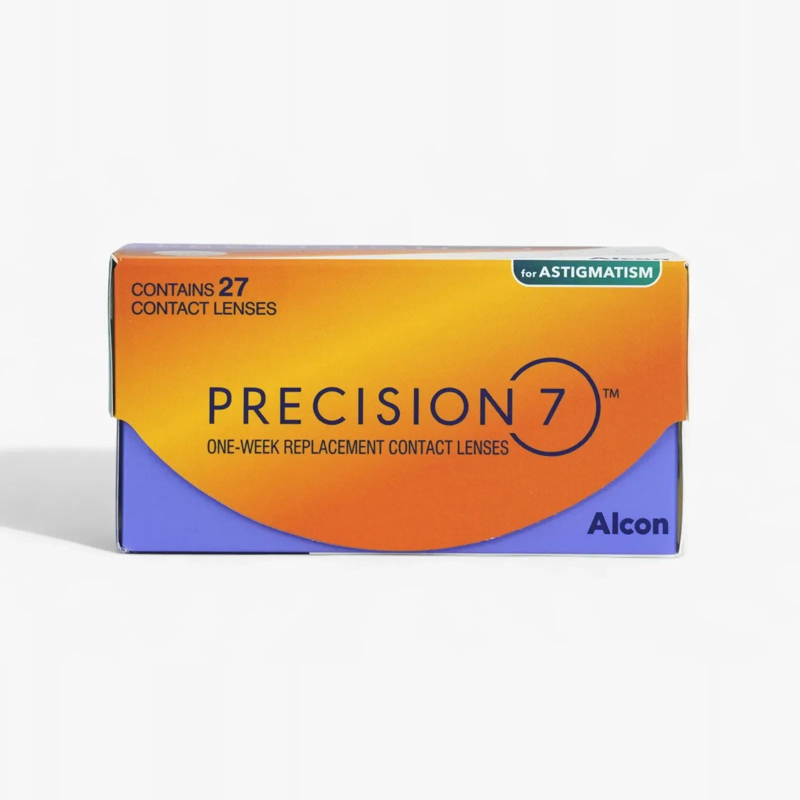 A 27-pack of Precision 7 For Astigmatism contact lenses by Precision features advanced SMARTSURFACE Technology. The box is orange and purple with bold text on a clean white background.
