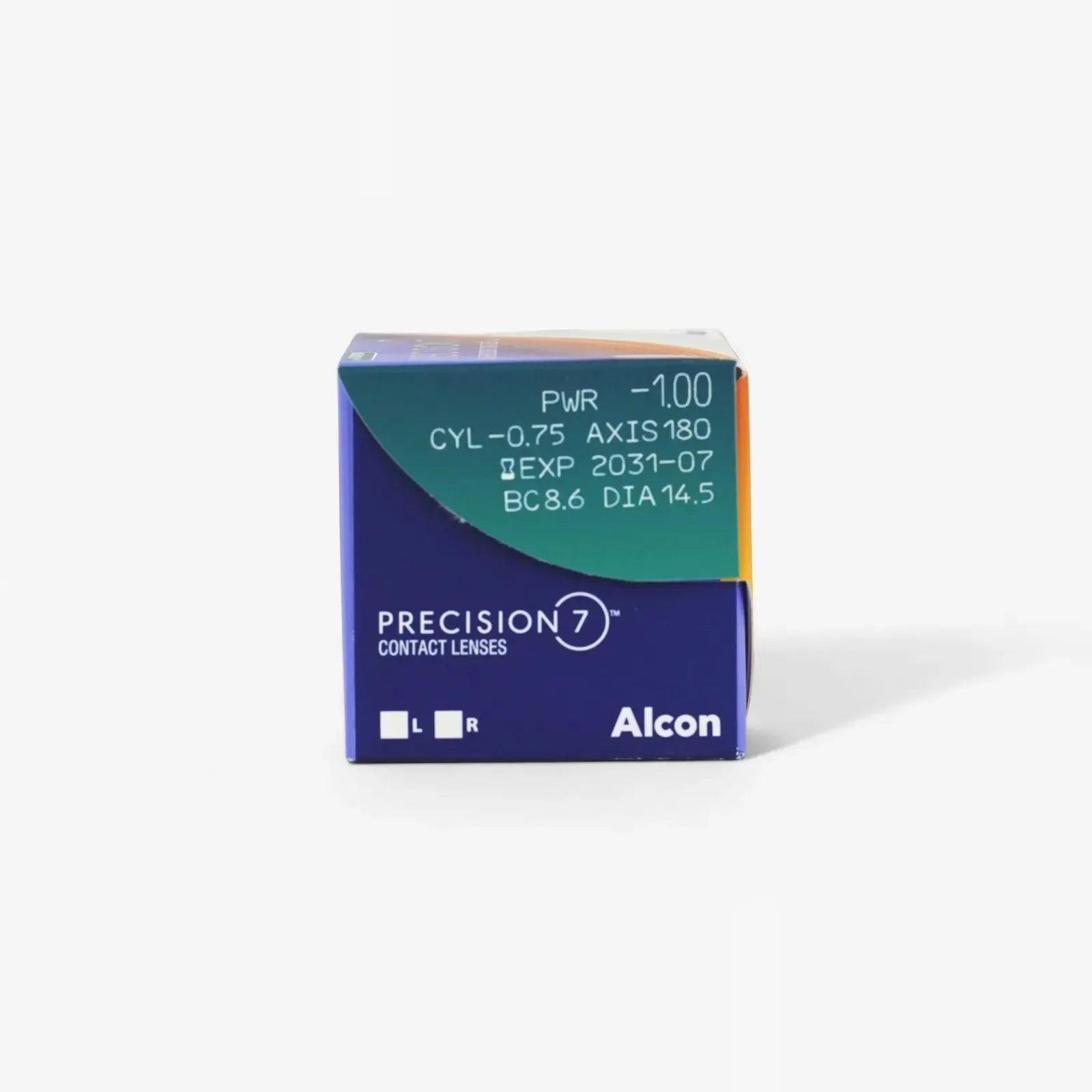 A blue and green box of Precision 7 For Astigmatism - 27 Pk by Precision, featuring prescription info: power -1.00, cylinder -0.75, axis 180, expiration 2031-07, BC 8.6, DIA 14.5 on the front.