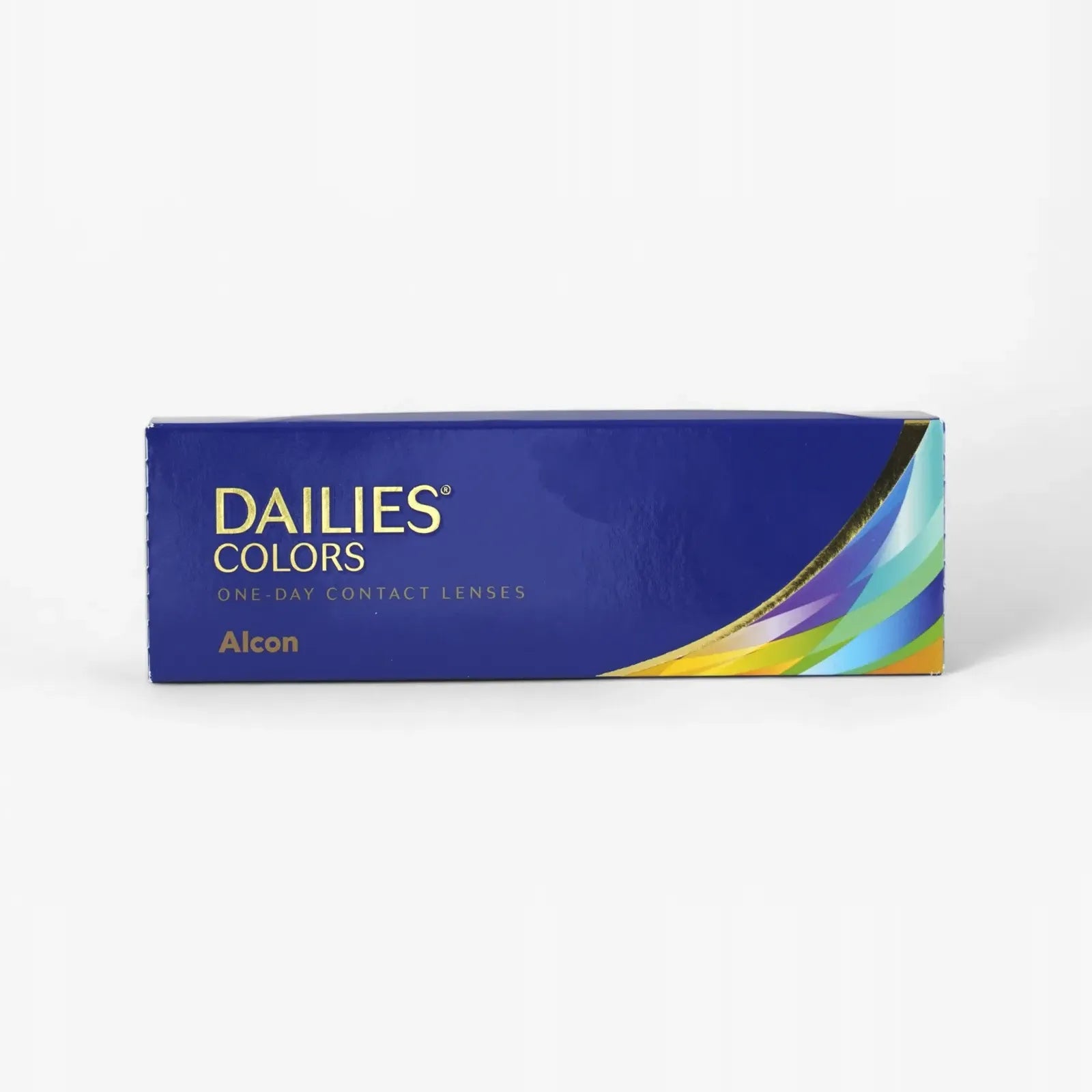 A blue box of Dailies Colors - 30 Pk daily disposable contact lenses by Dailies, with gold, green, and blue wave designs in the lower right corner.